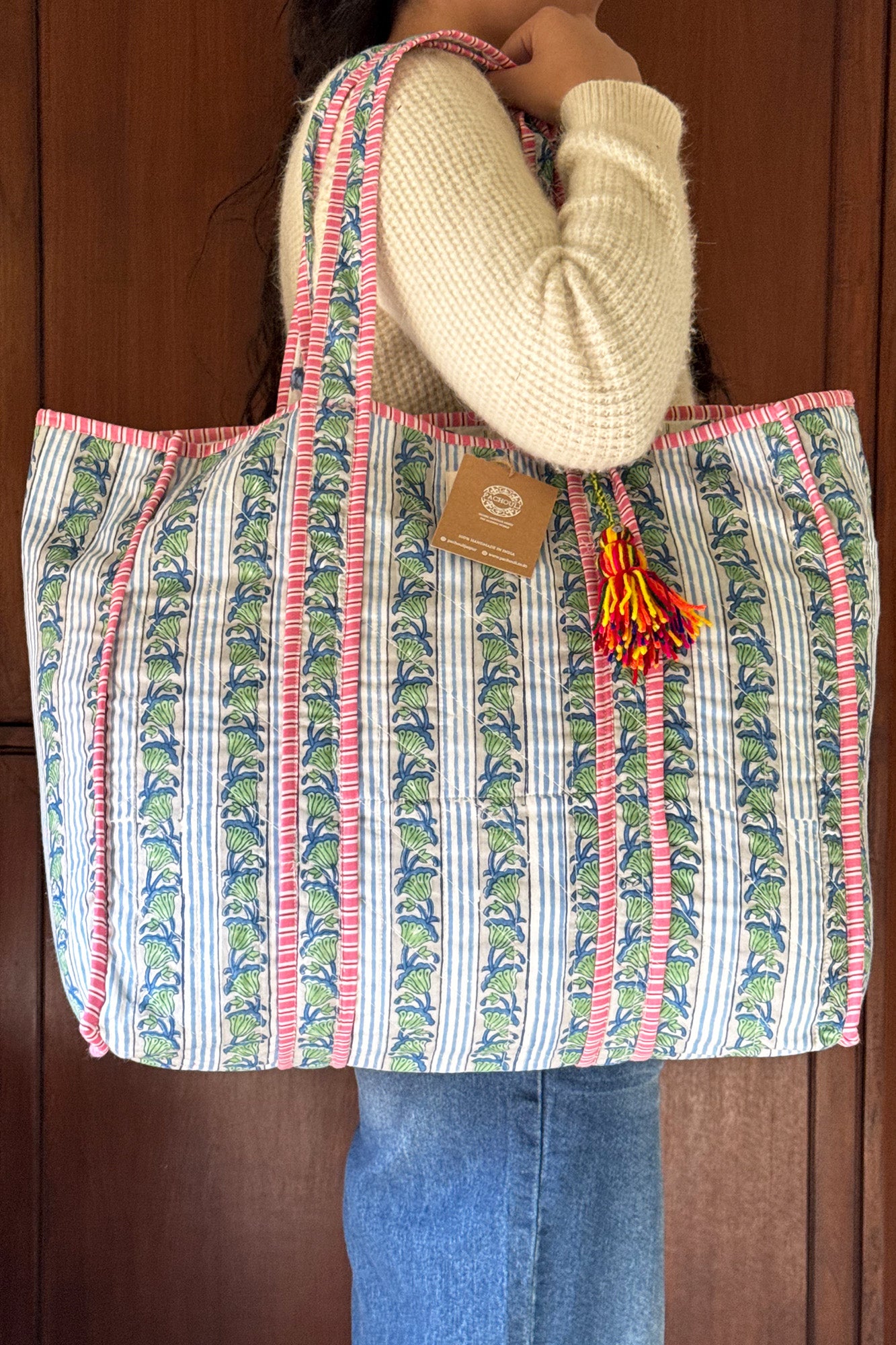 Green Periwinkle Quilted Reversible Tote Bag