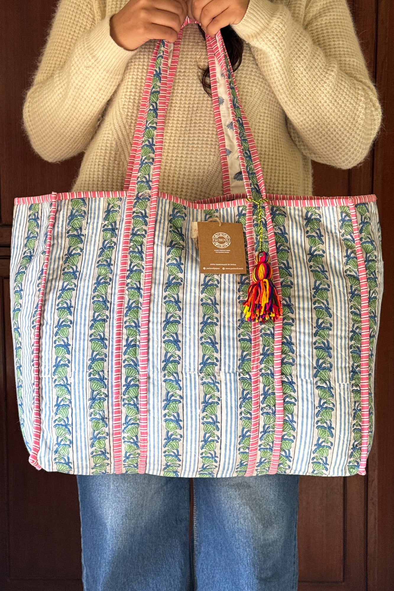 Green Periwinkle Quilted Reversible Tote Bag