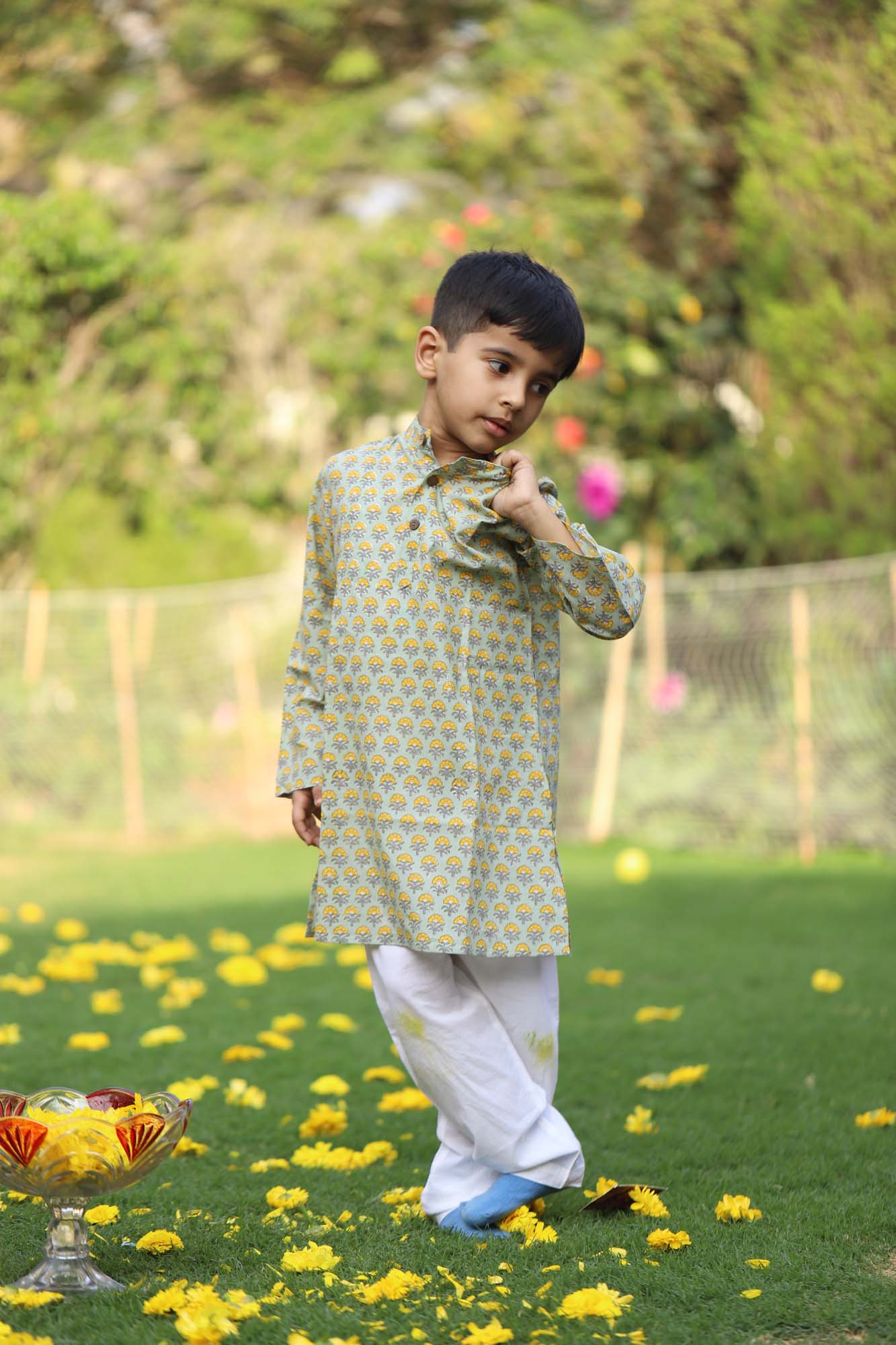 Boy Kurta Yellow Green Motifs