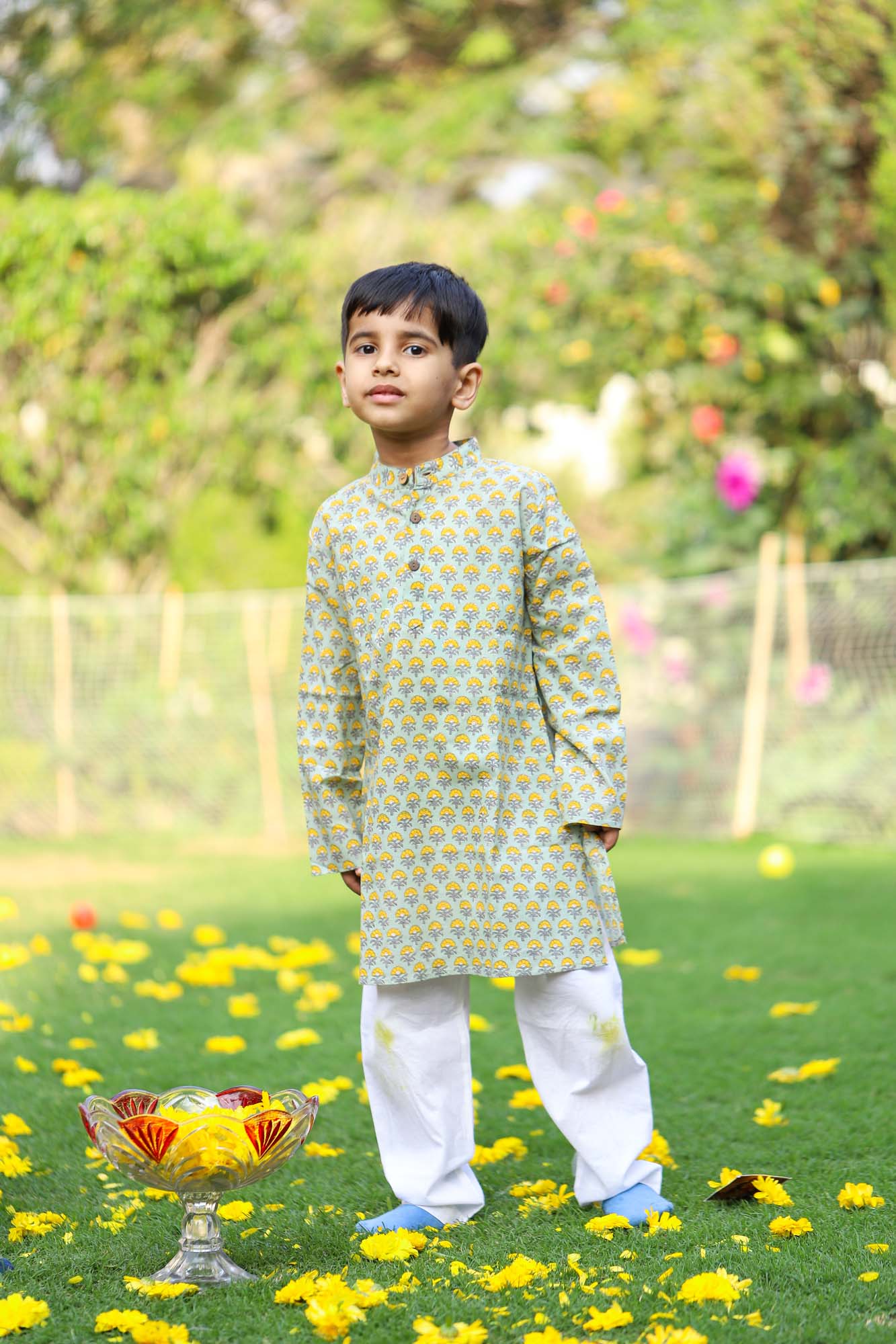 Boy Kurta Yellow Green Motifs