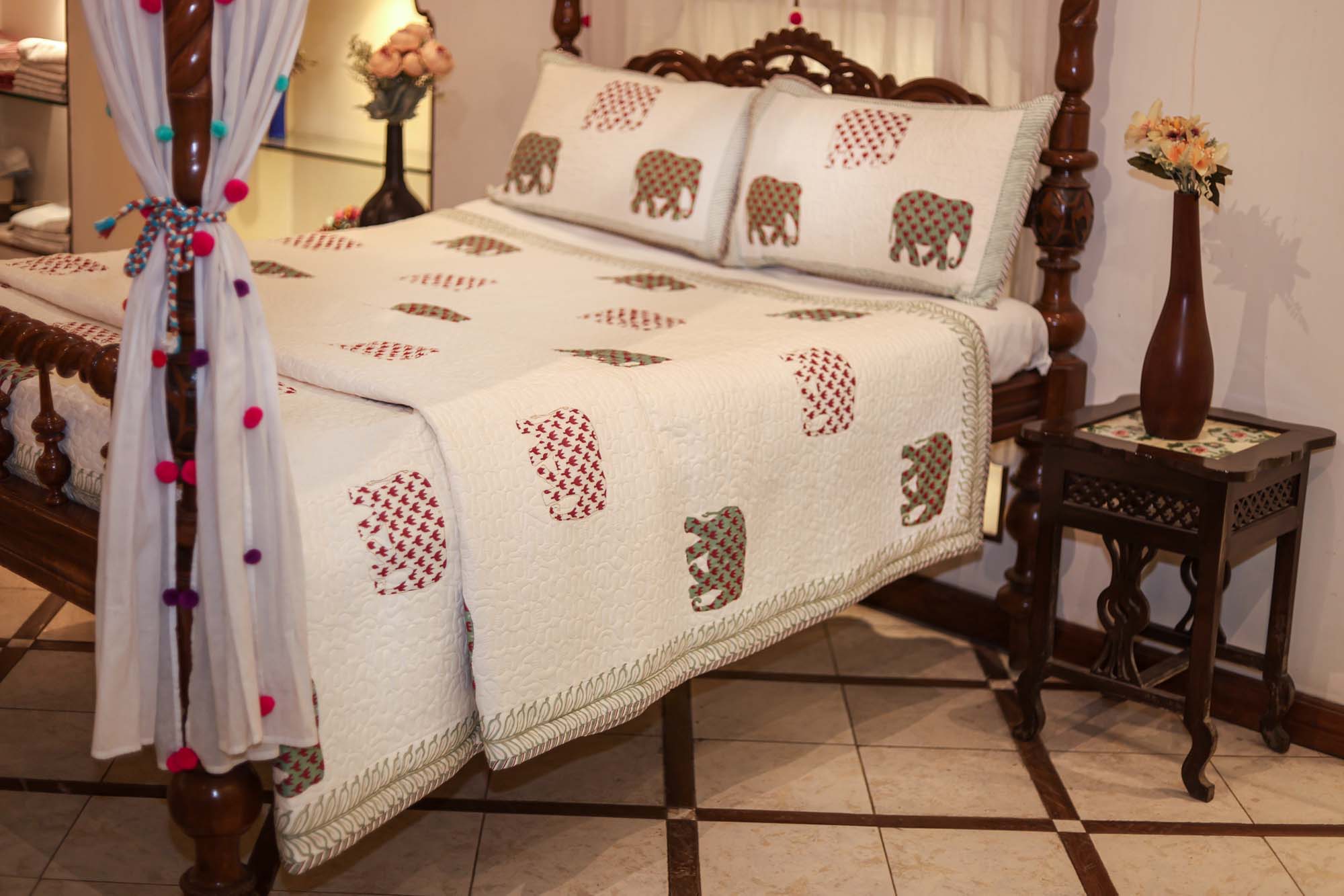 Elephants Red Green Bed Cover