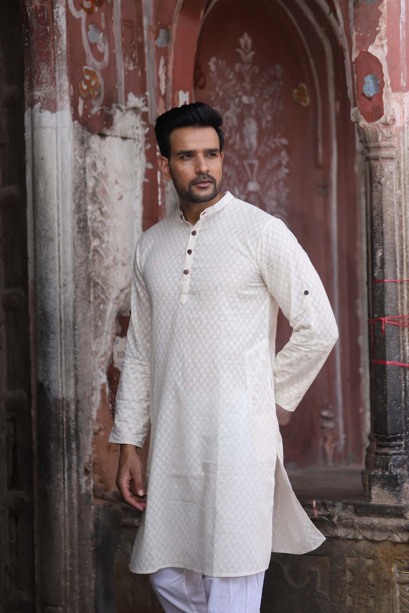 Kurta Long Mens Checkered Off White