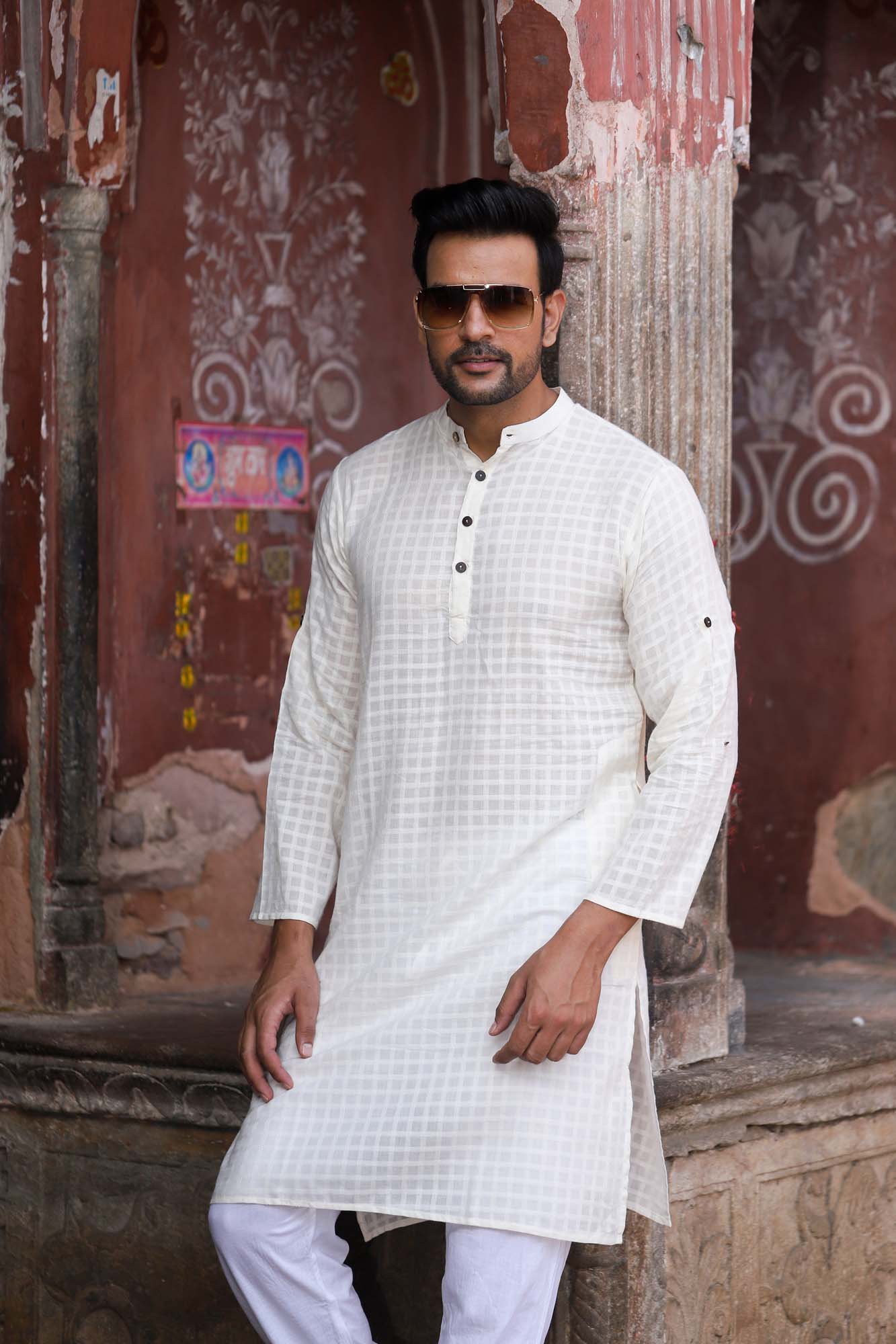 Kurta Long Mens Checkered Off White