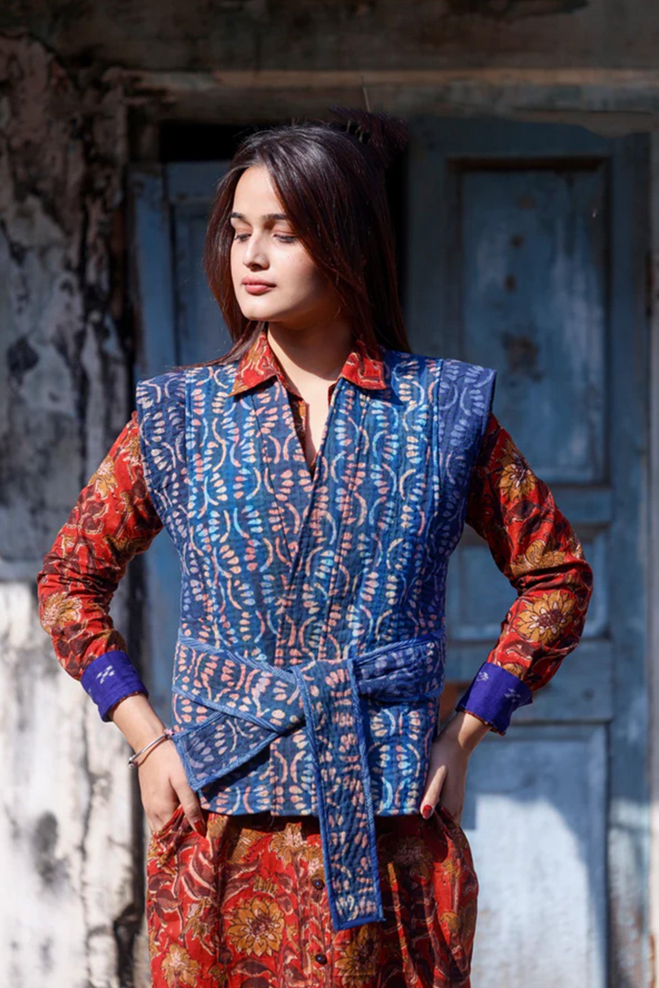 Blue Kantha Sleeveles Jacket