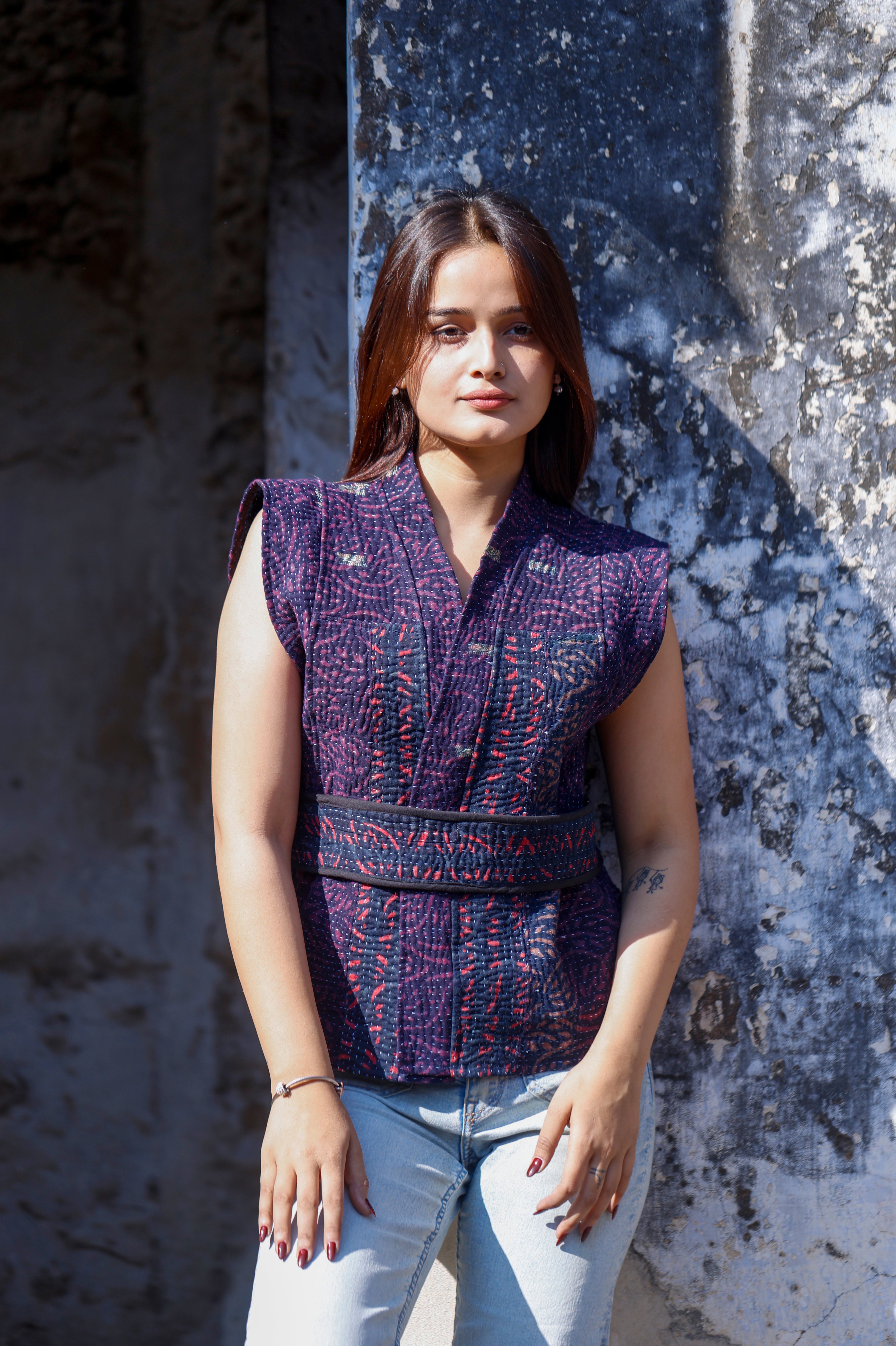 Purple Kantha Sleeveles Jacket