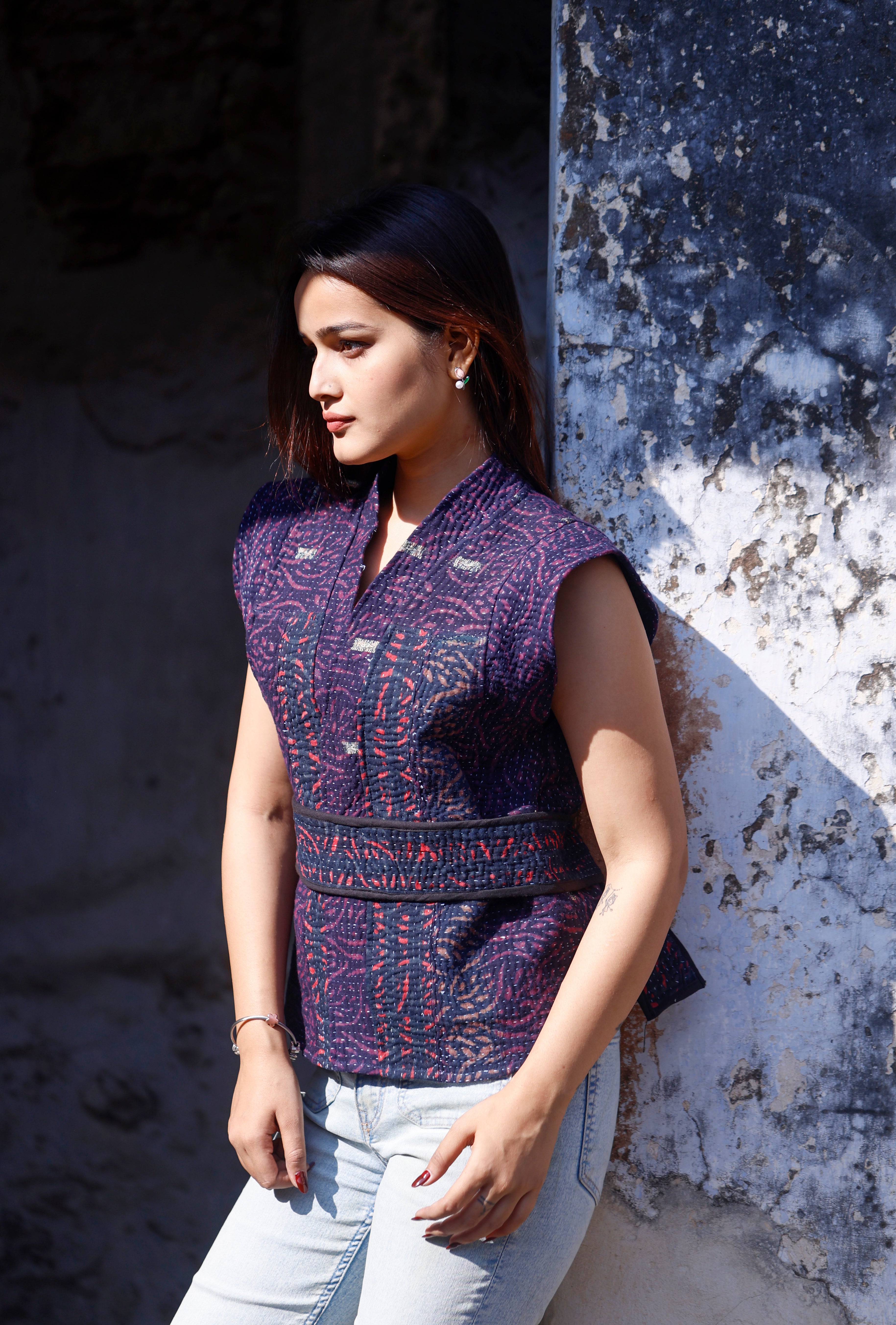 Purple Kantha Sleeveles Jacket