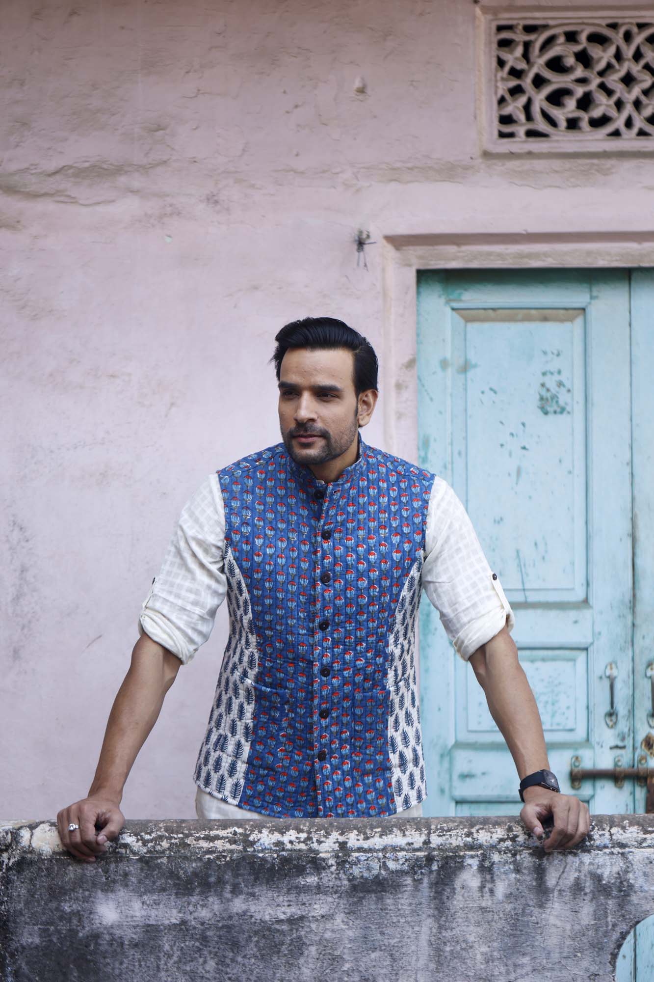 Blue Block Motifs Quilted Jacket