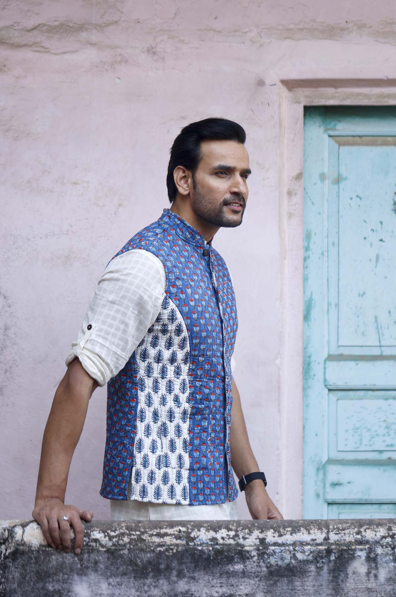 Blue Block Motifs Quilted Jacket