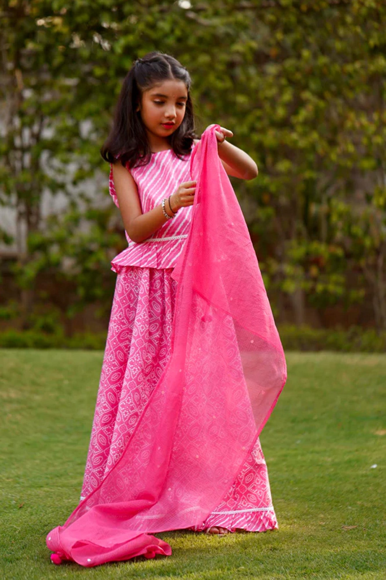 Gulabi Bandhej Girl Lehenga Set of 3