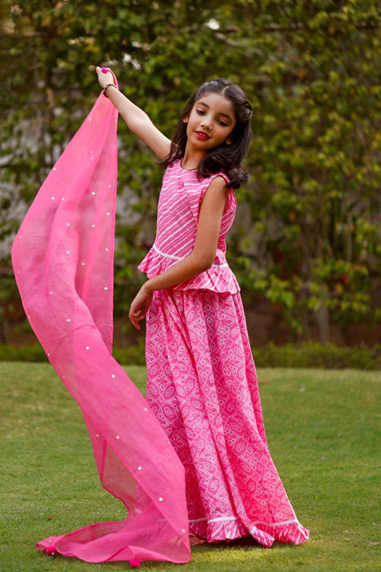 Gulabi Bandhej Girl Lehenga Set of 3