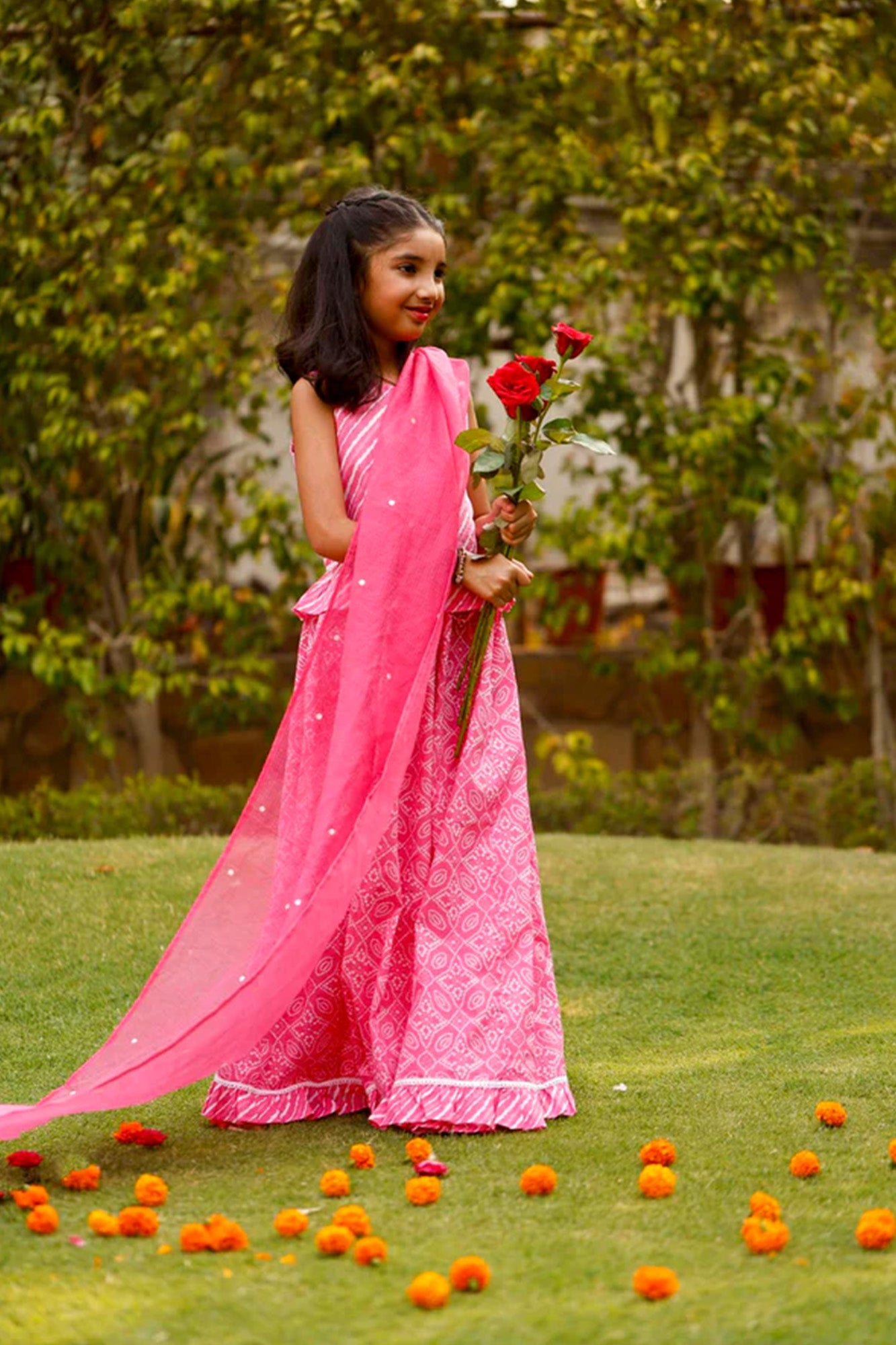 Gulabi Bandhej Girl Lehenga Set of 3