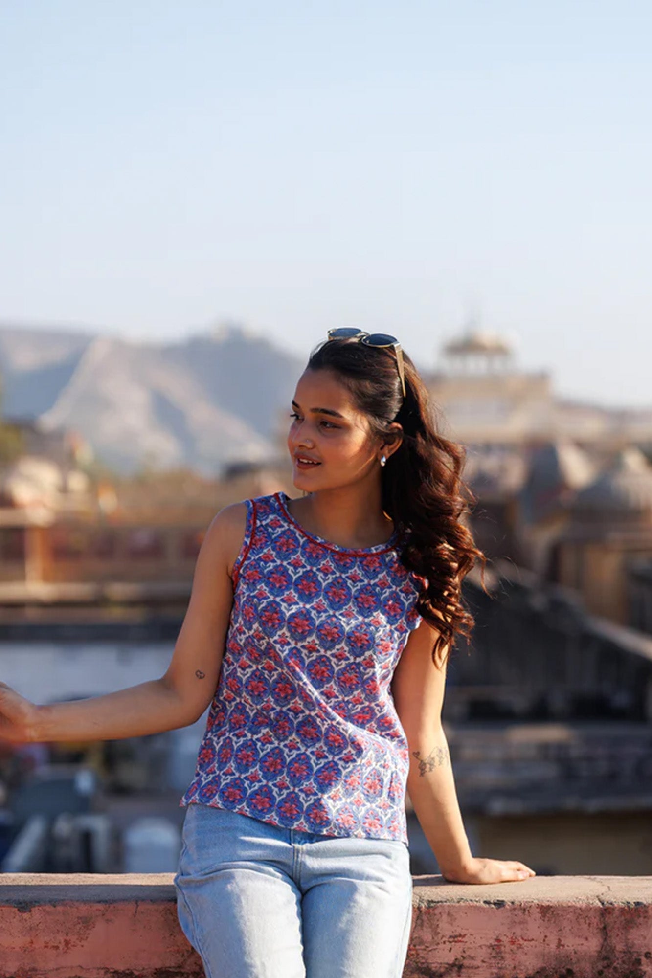 Blue Floral Jaal Sleeveless Top