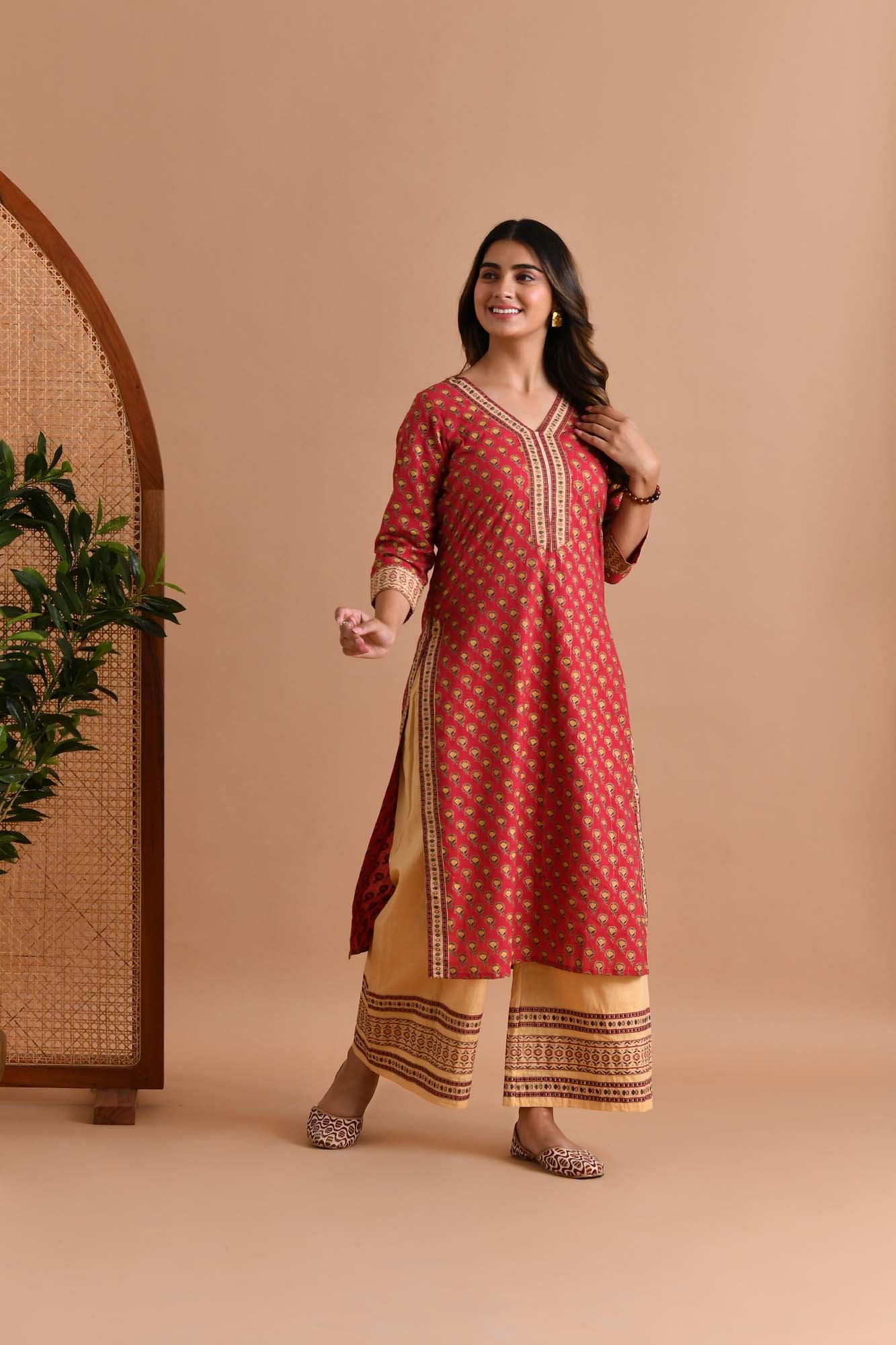 Suit Set Womens Set of 3 "Chandini" Maroon Hand Block Printed