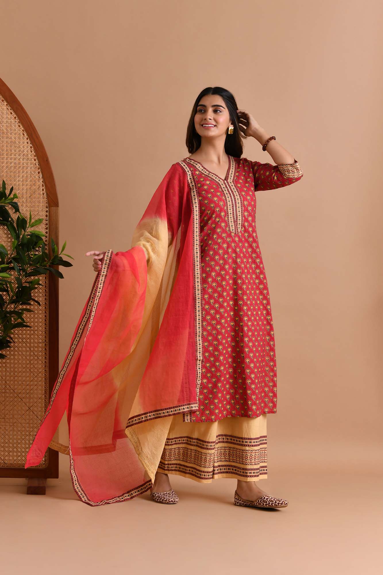 Suit Set Womens Set of 3 "Chandini" Maroon Hand Block Printed