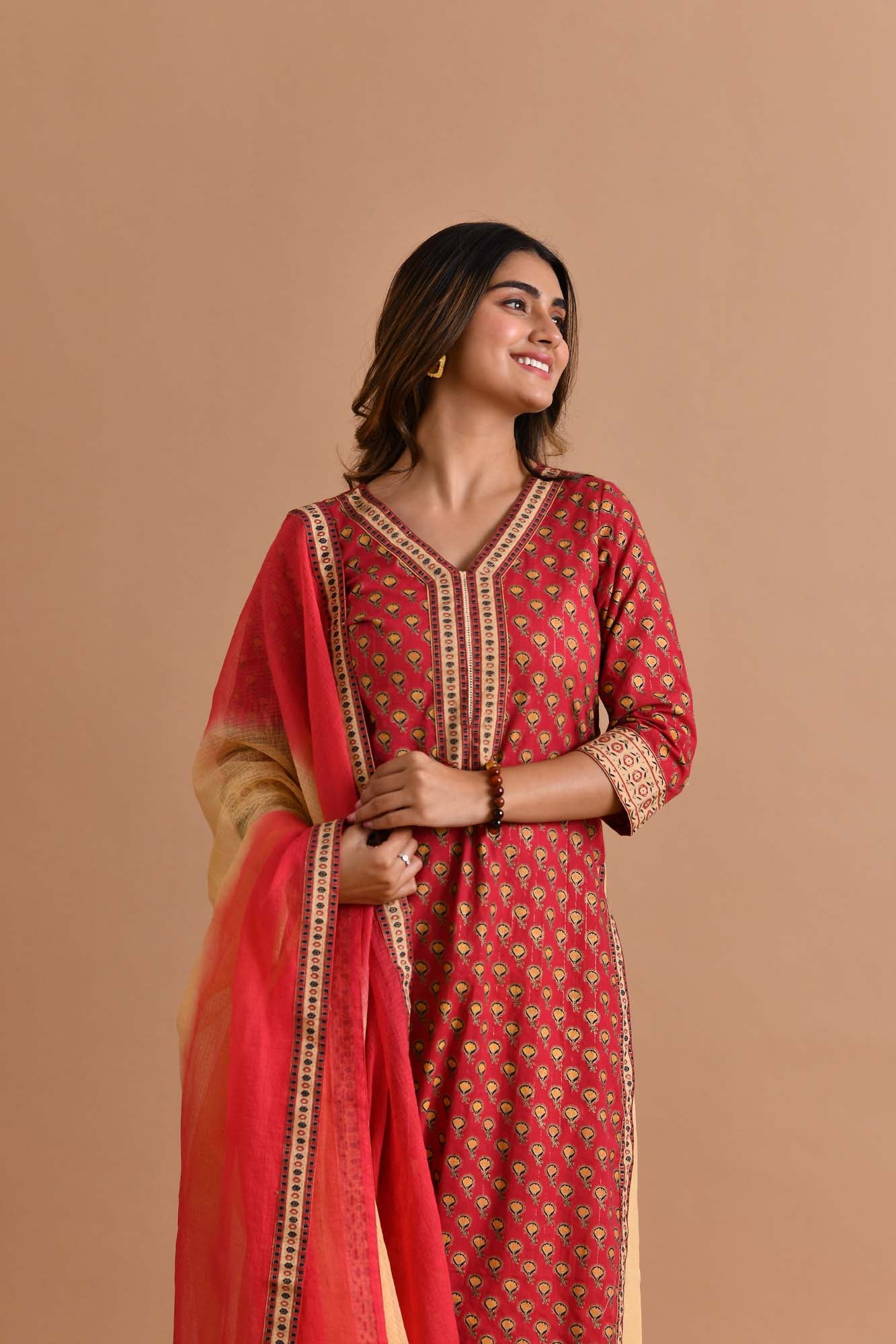 Suit Set Womens Set of 3 "Chandini" Maroon Hand Block Printed