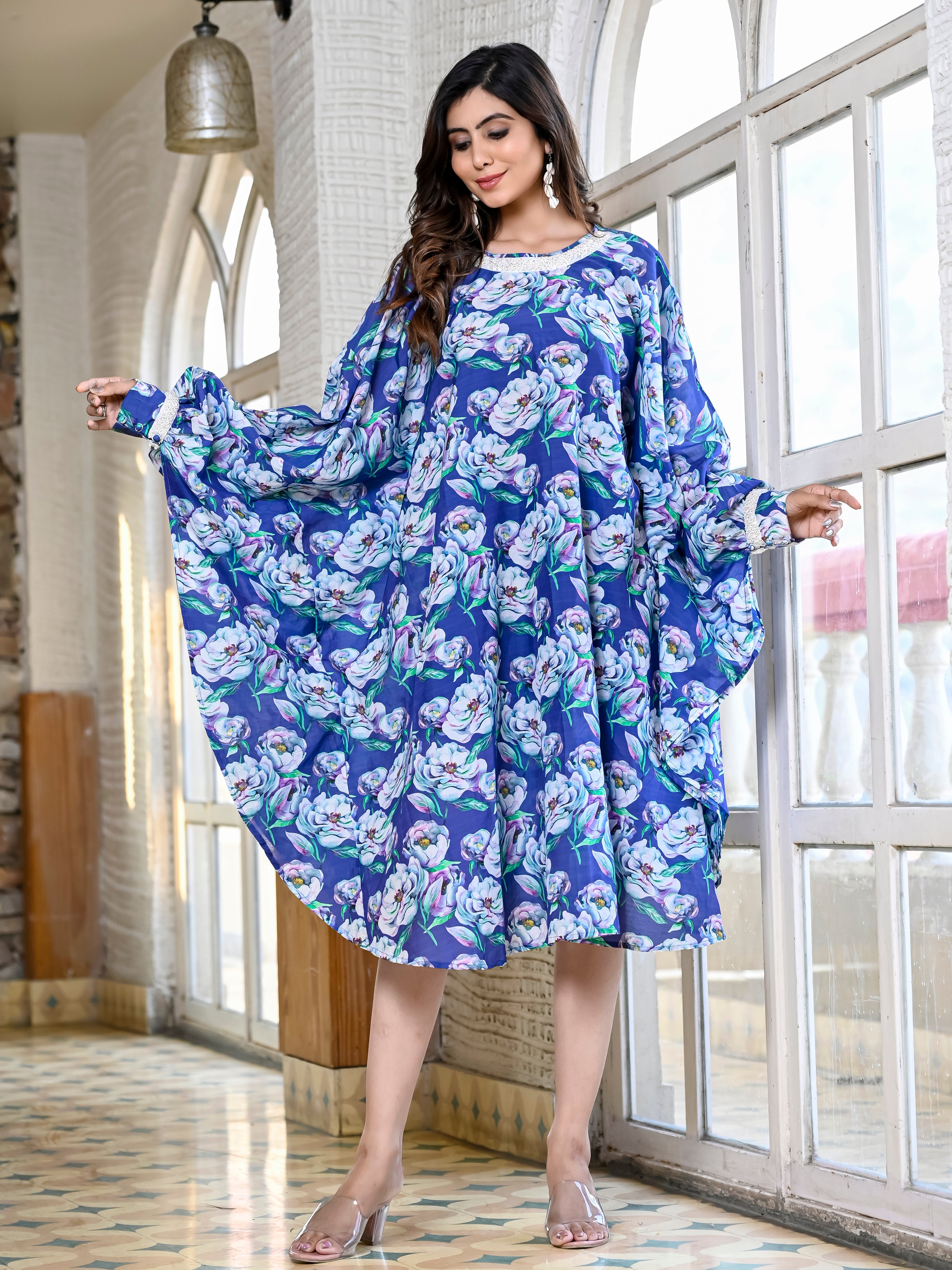 Dress Womens Rose Blue Silk Digital Printed