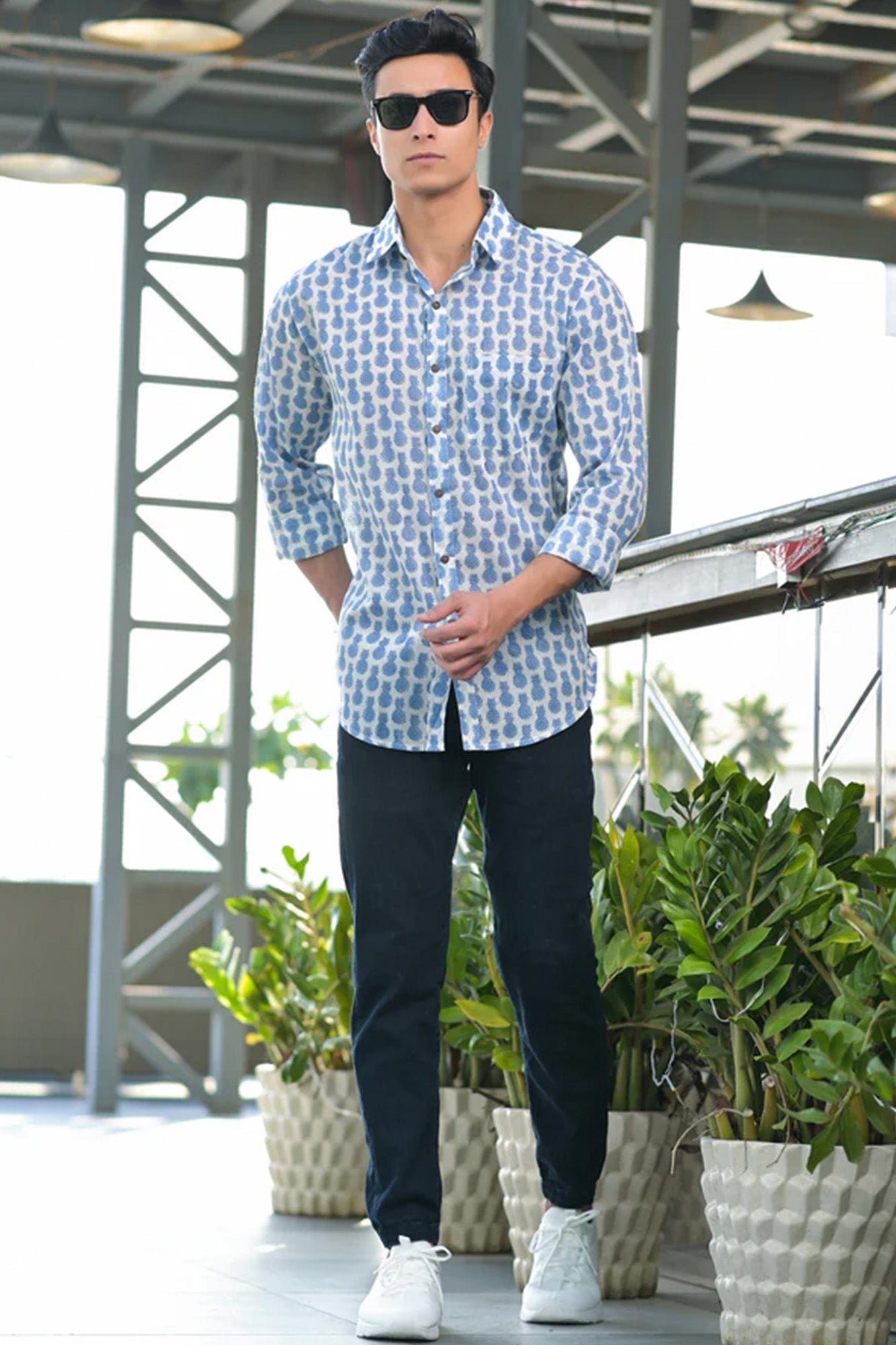 Shirt Full Sleeve Pineapple White Blue