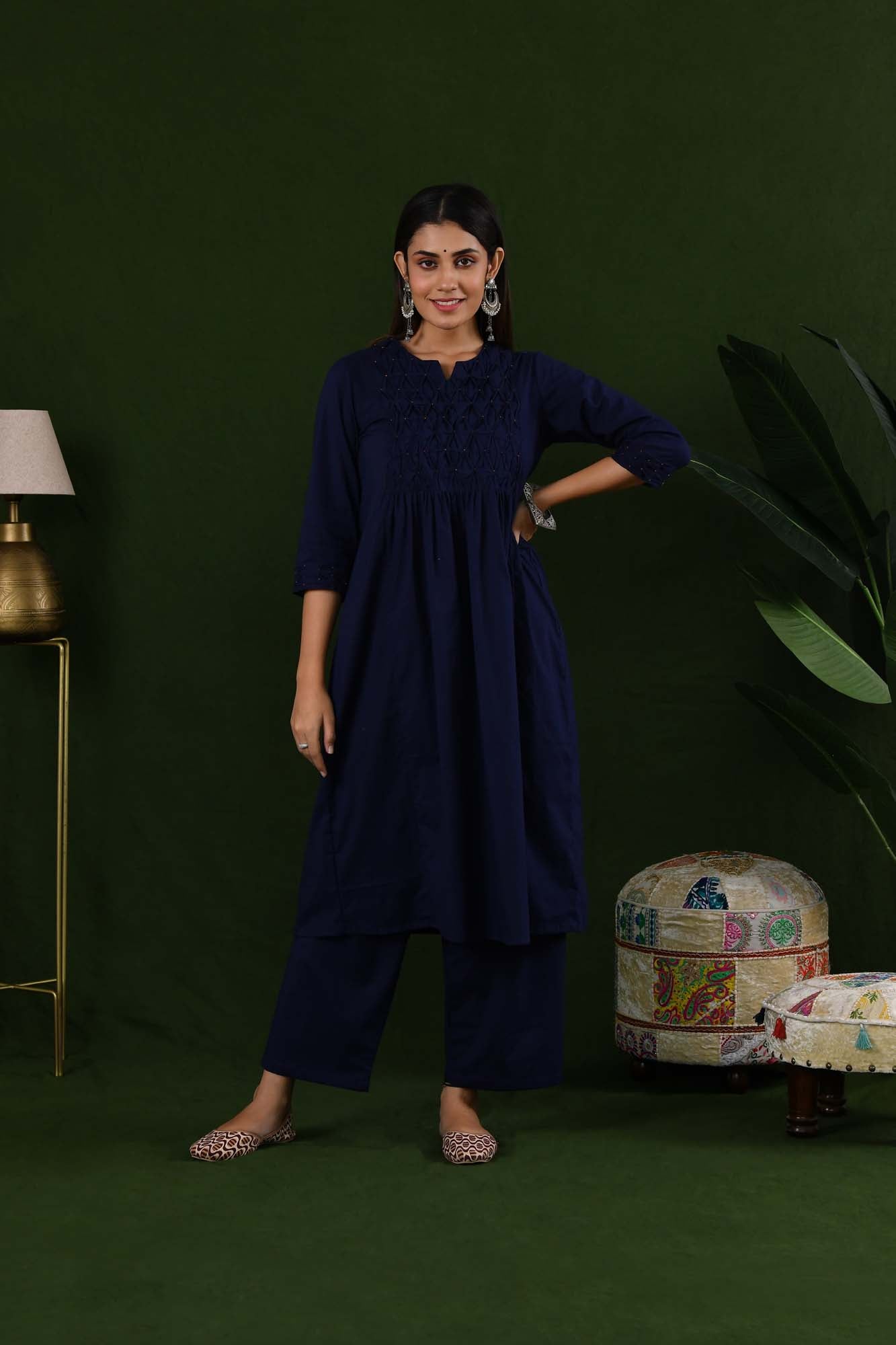 Suit Set Women Set of 3 "Chandini" Smockey Navy Blue