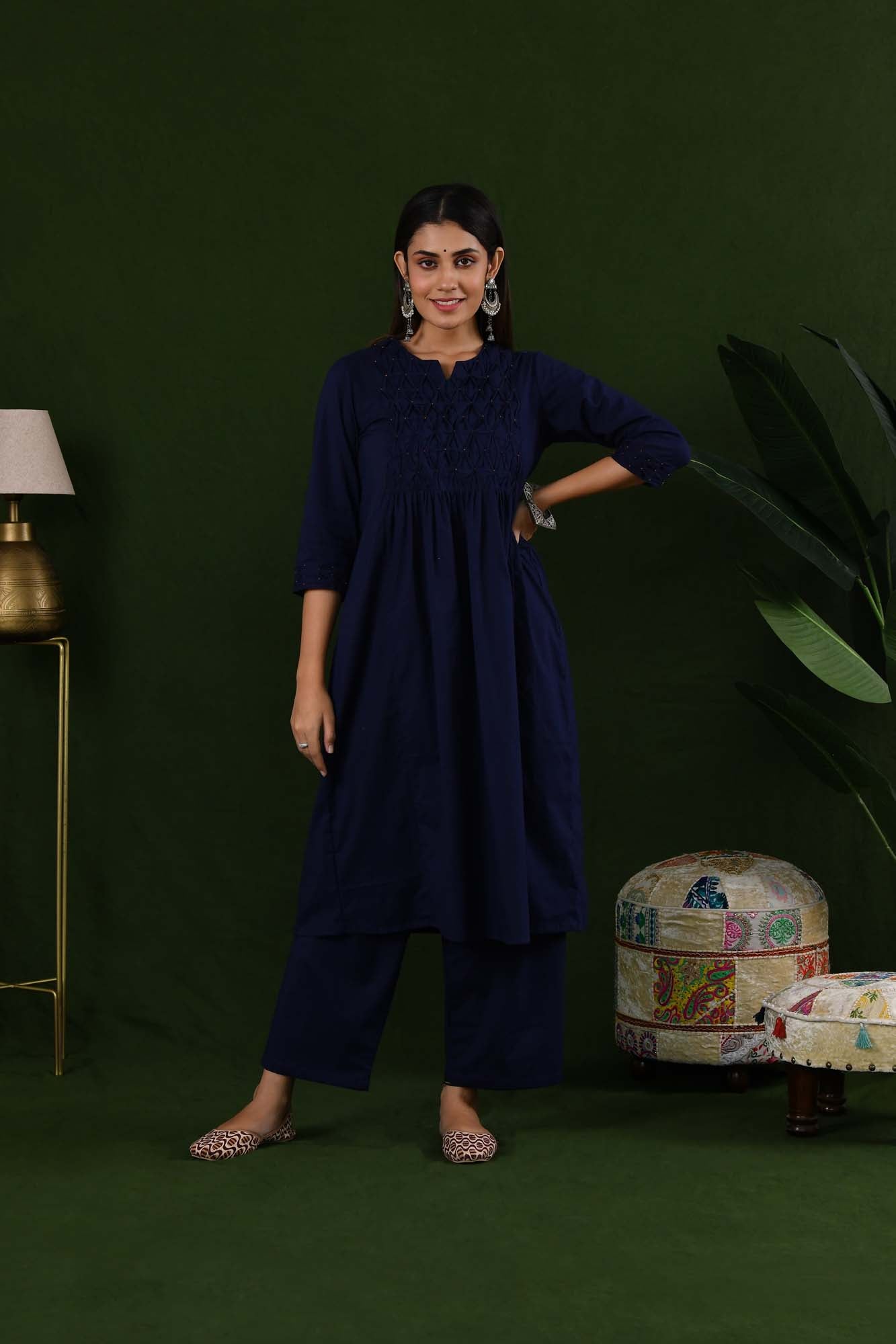 Suit Set Women Set of 3 "Chandini" Smocky Navy Blue