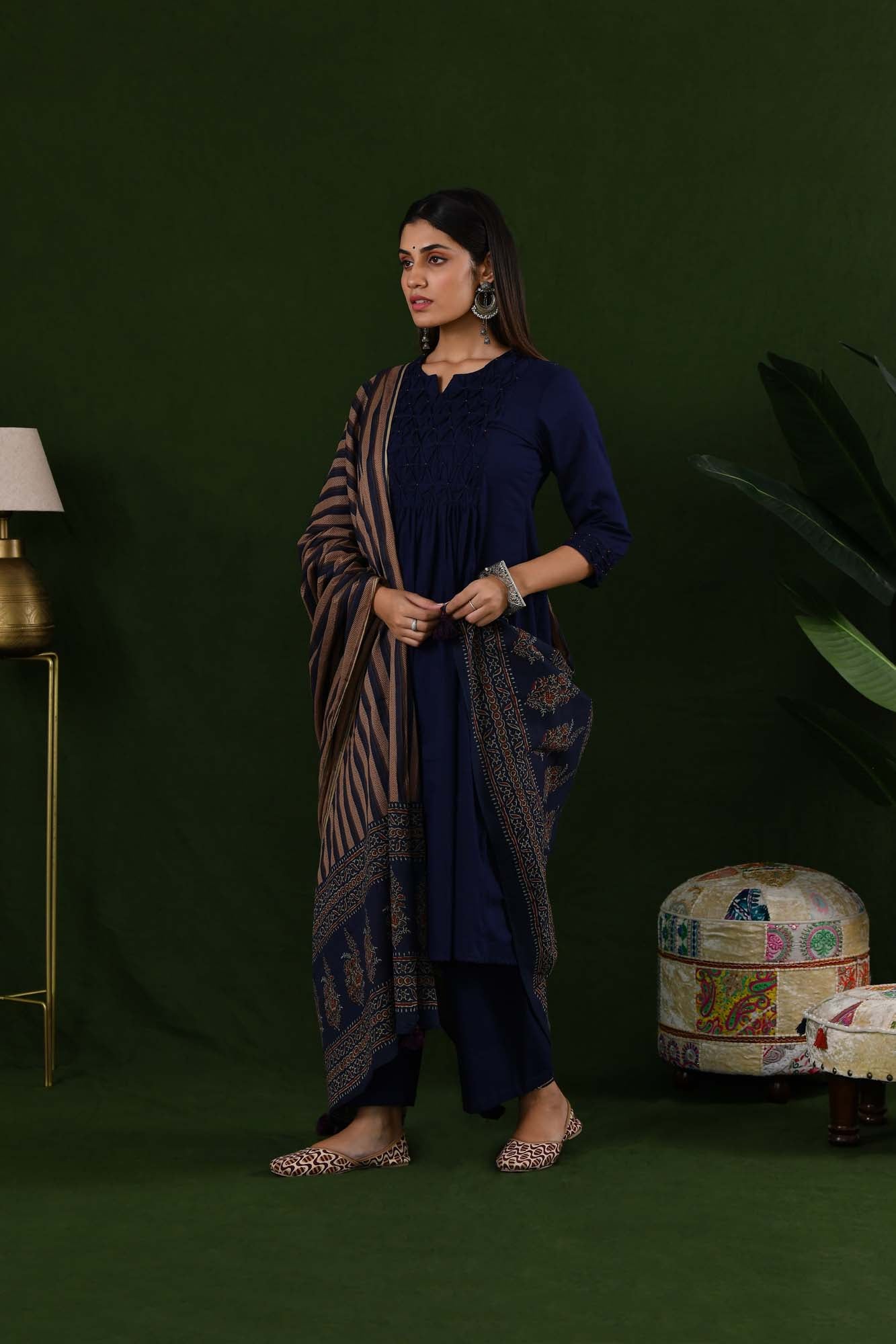 Suit Set Women Set of 3 "Chandini" Smockey Navy Blue