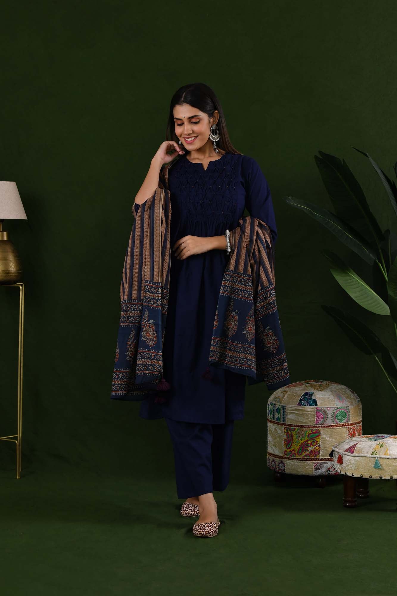 Suit Set Women Set of 3 "Chandini" Smockey Navy Blue