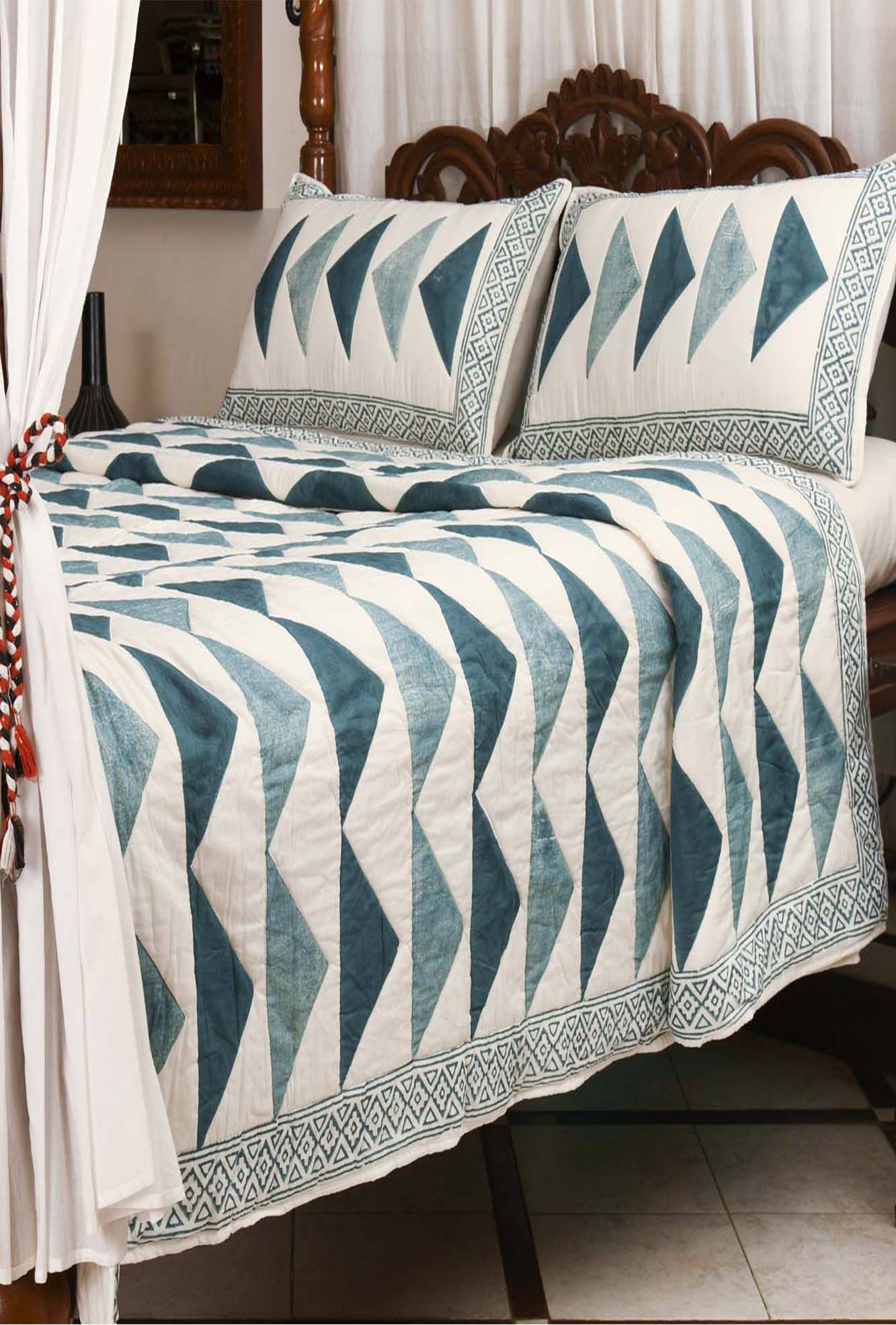 Blue Geo-triangle Quilted Bedcover