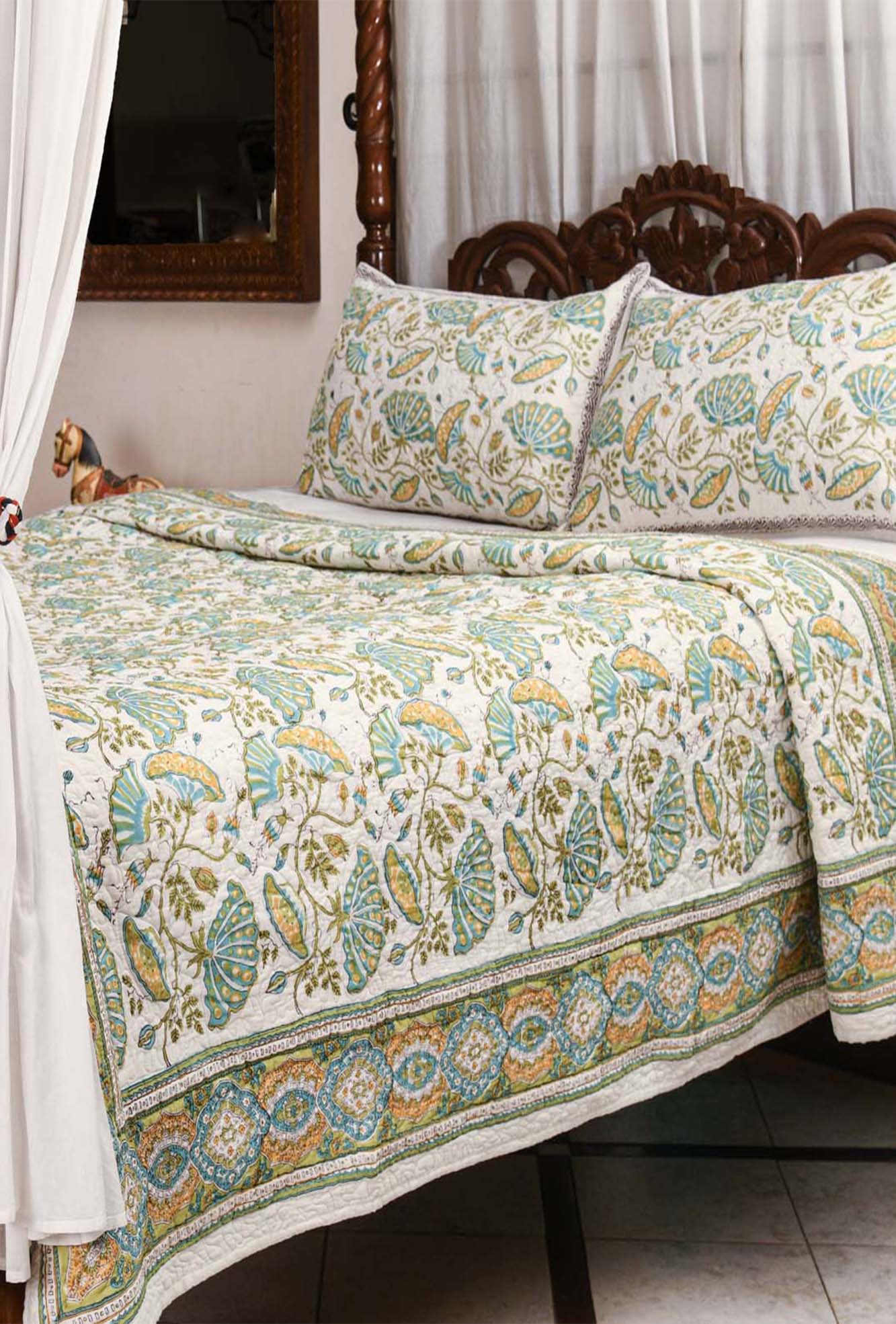 Summer Garden Quilted Bedcover - Green