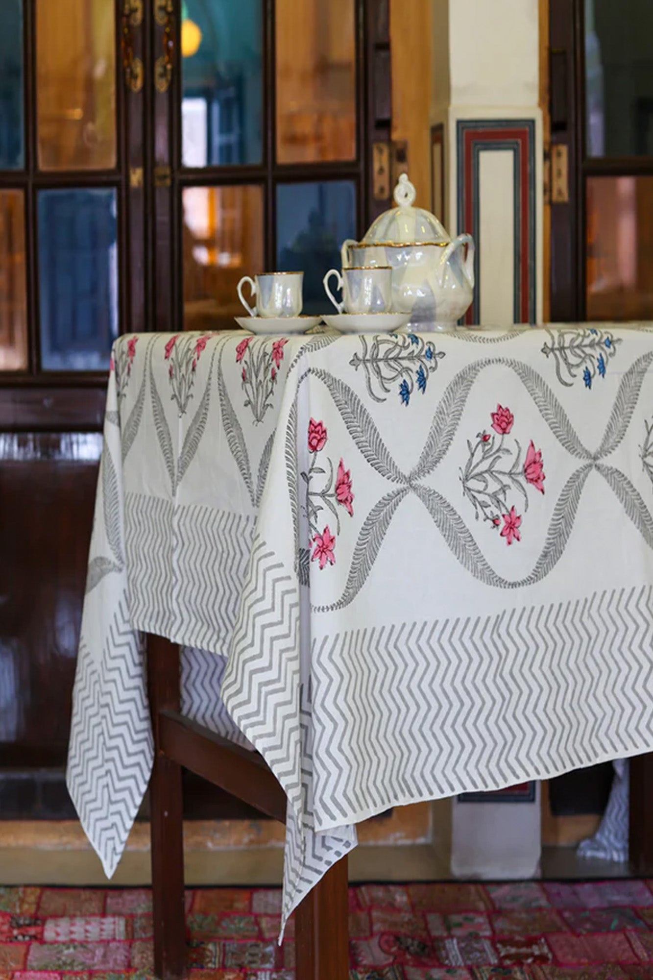 Table Cover Block Printed Grey Pink