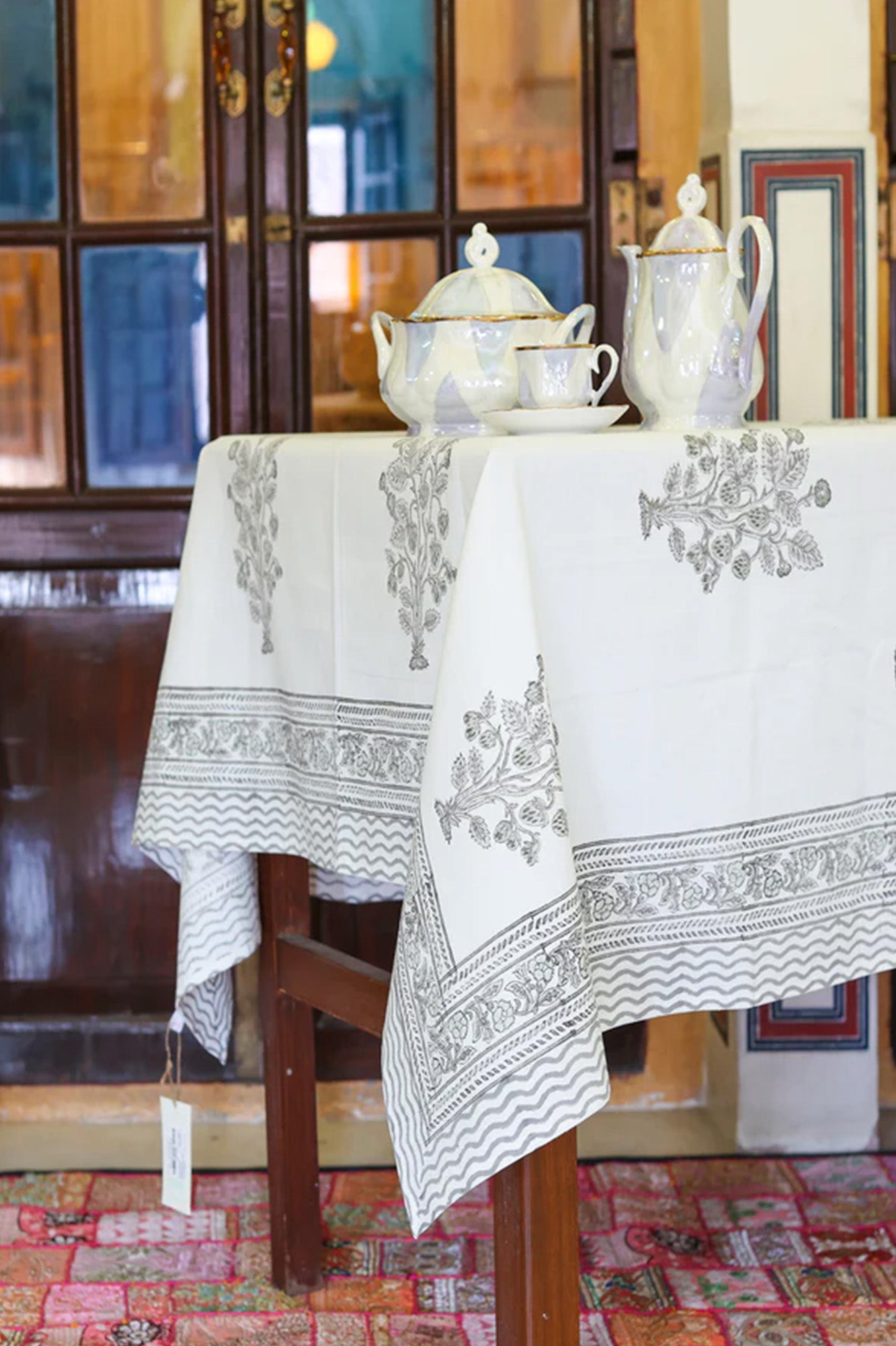 Table Cover Block Printed Grey