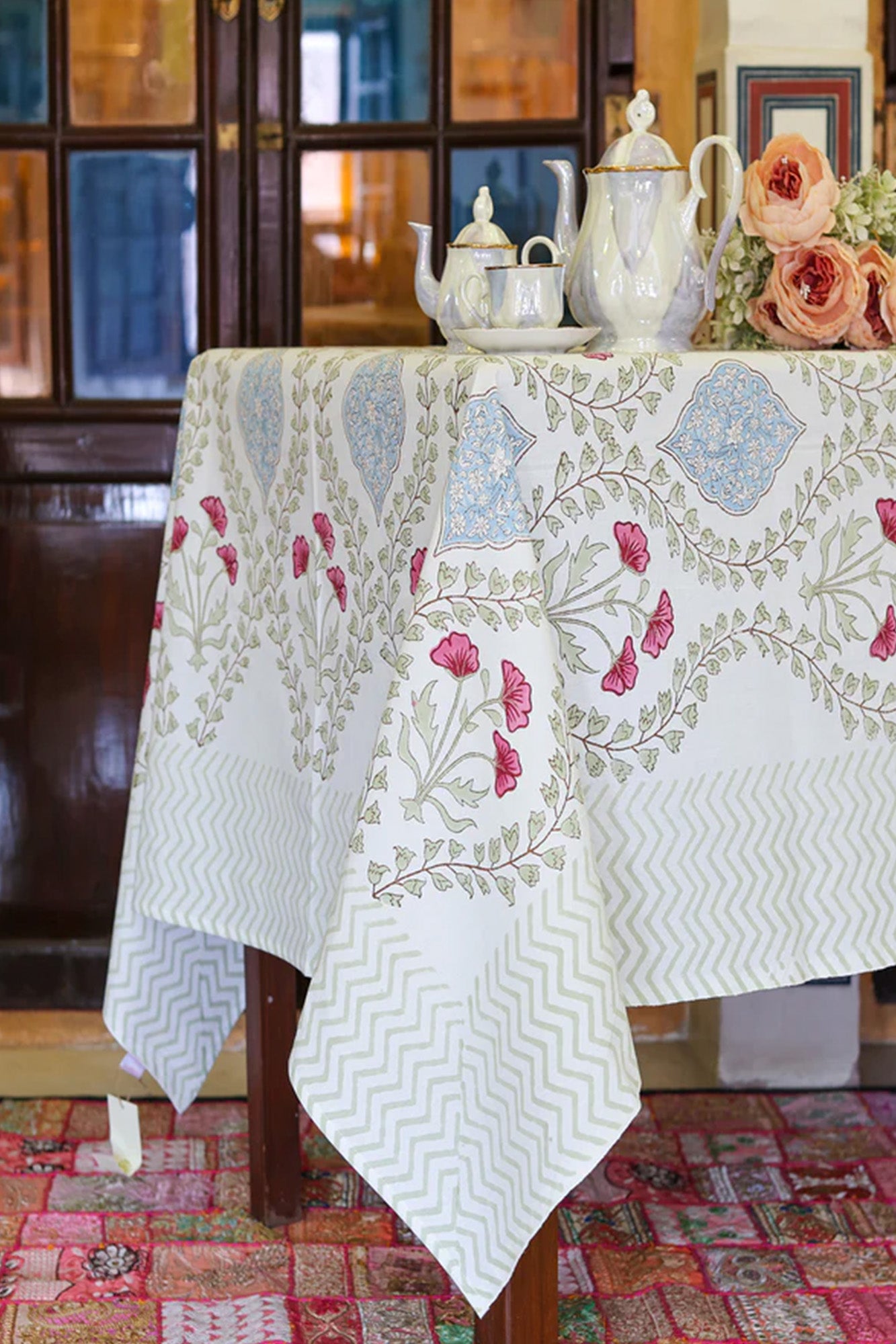 Table Cover Block Printed Pink Blue