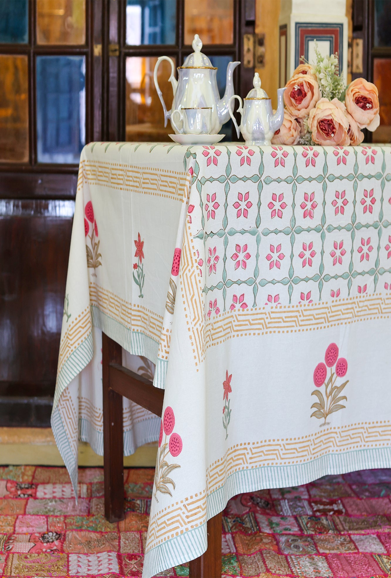 Table Cover Block Printed Pink