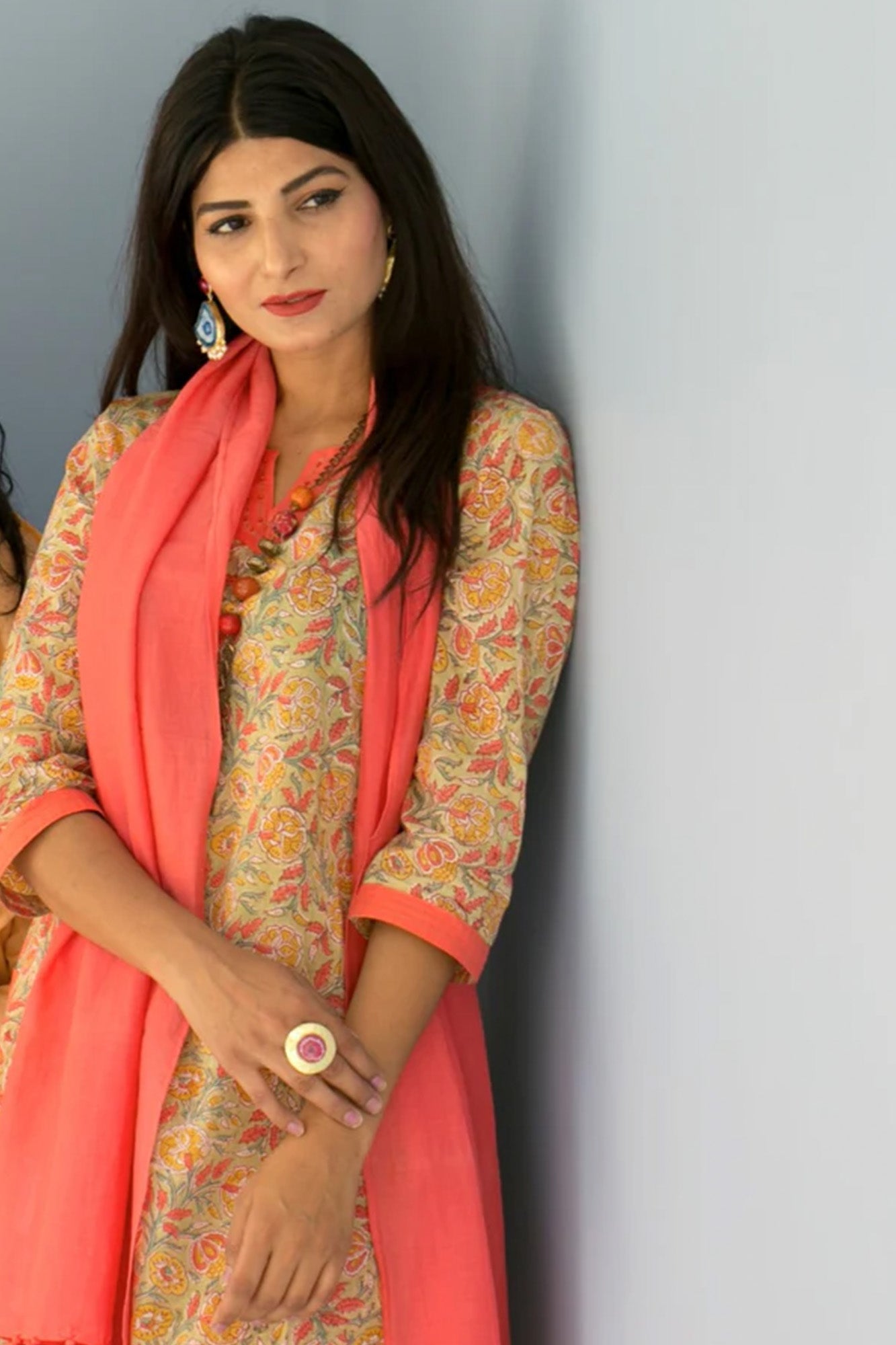 Orange Embroidered Straight Kurta