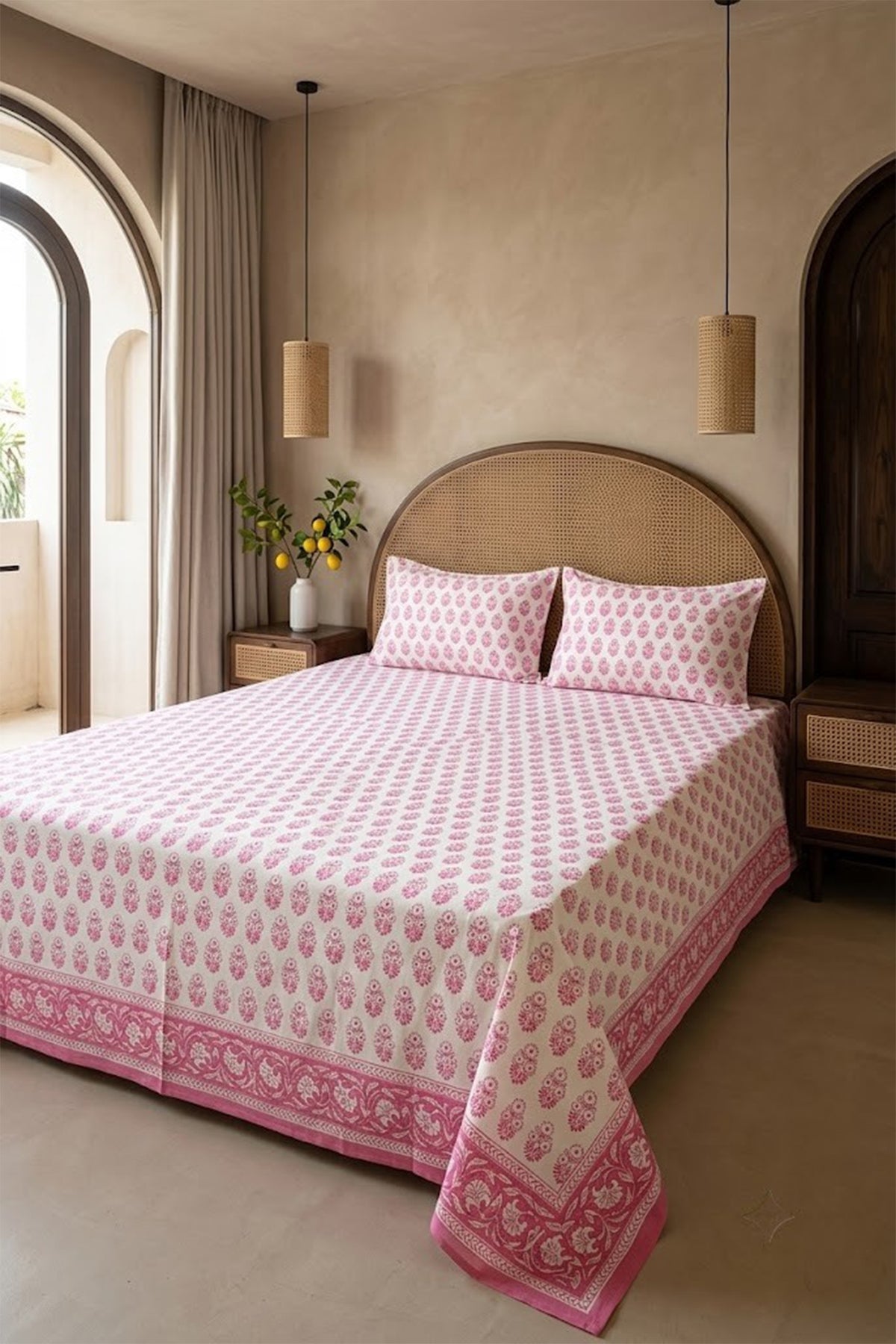 Pink Motifs Bed Sheet With Pillow