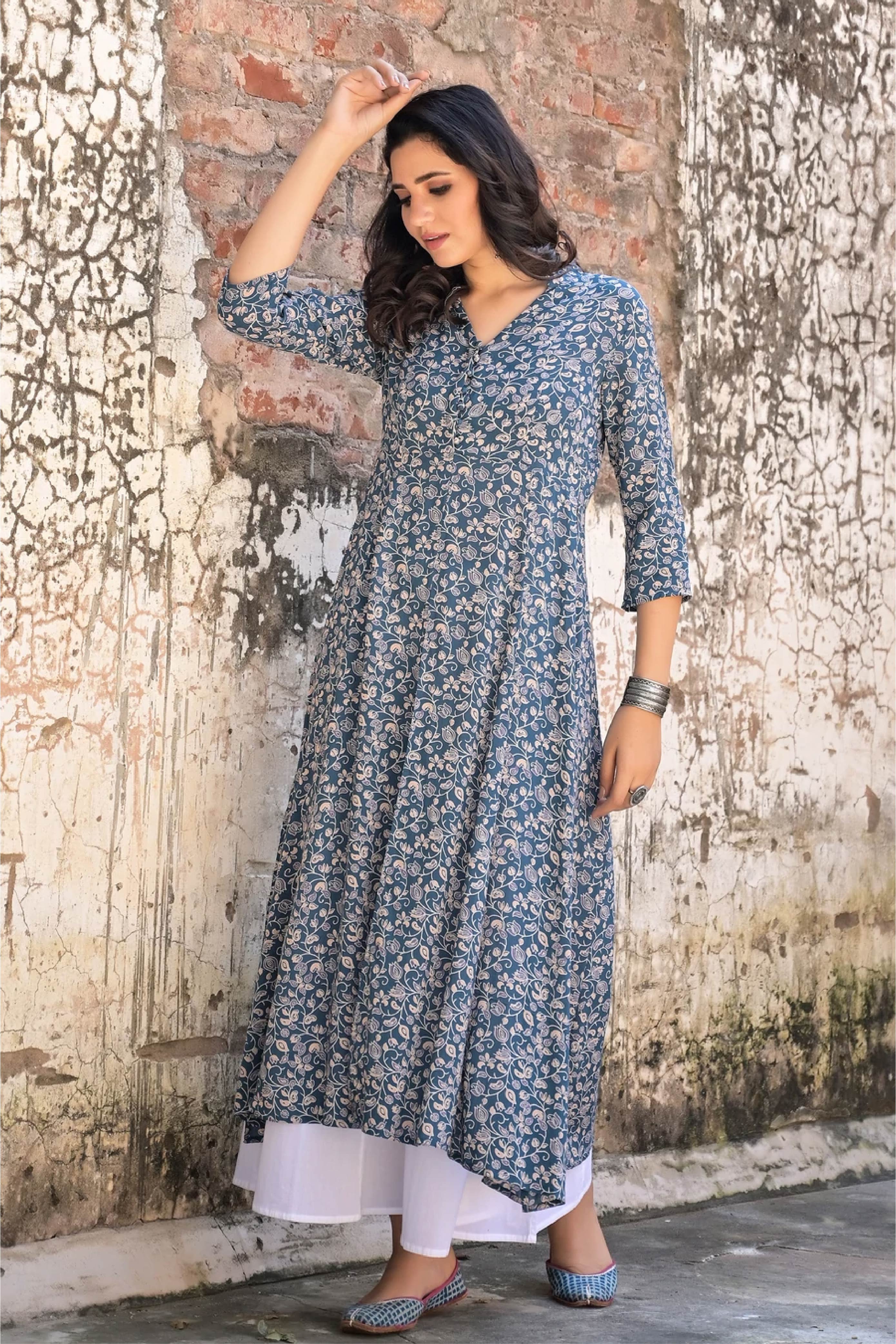 Kurta Long Women Floral Blue