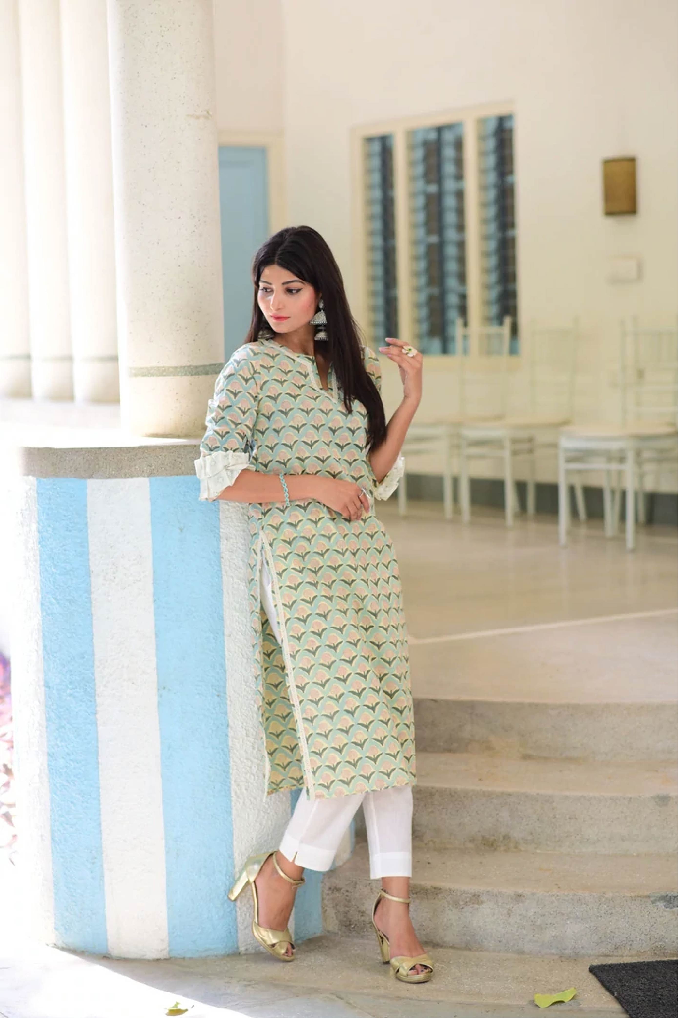 Kurta Long Women Floral Mint Green