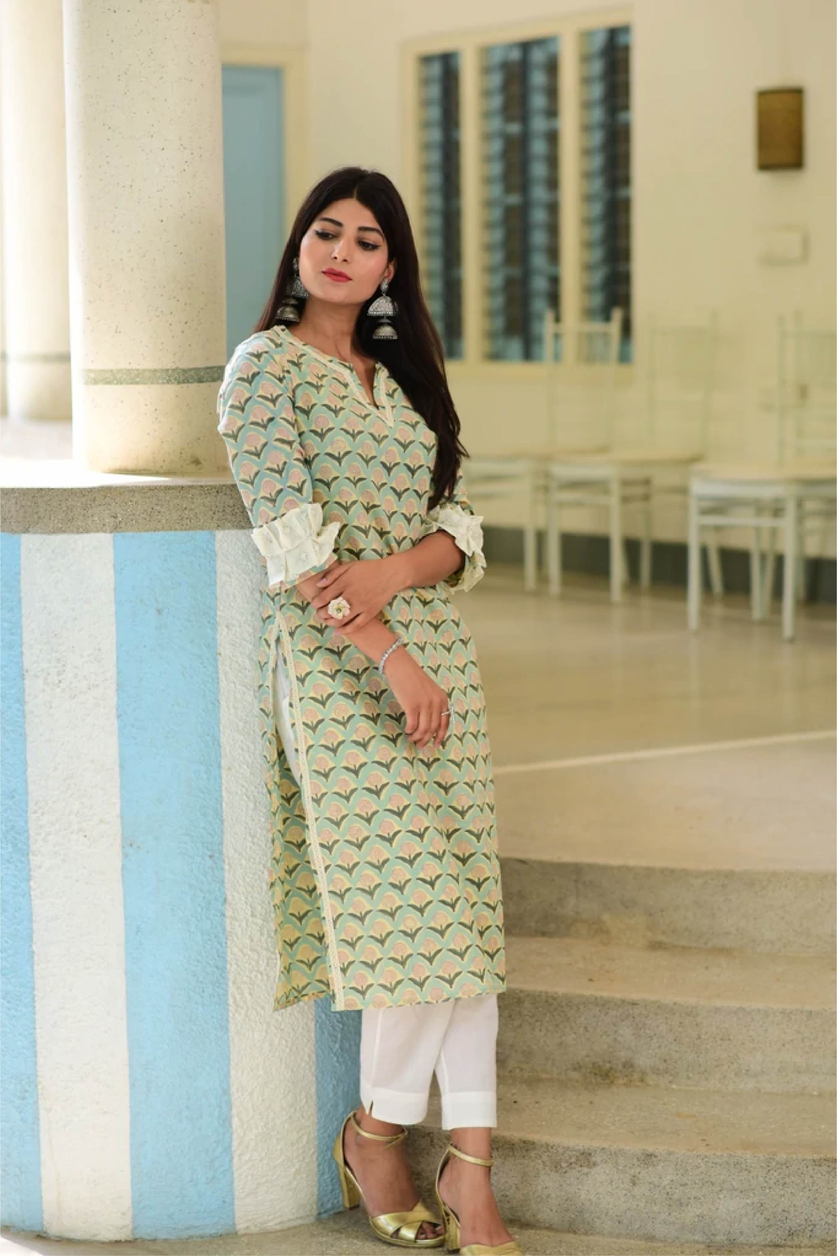 Kurta Long Women Floral Mint Green