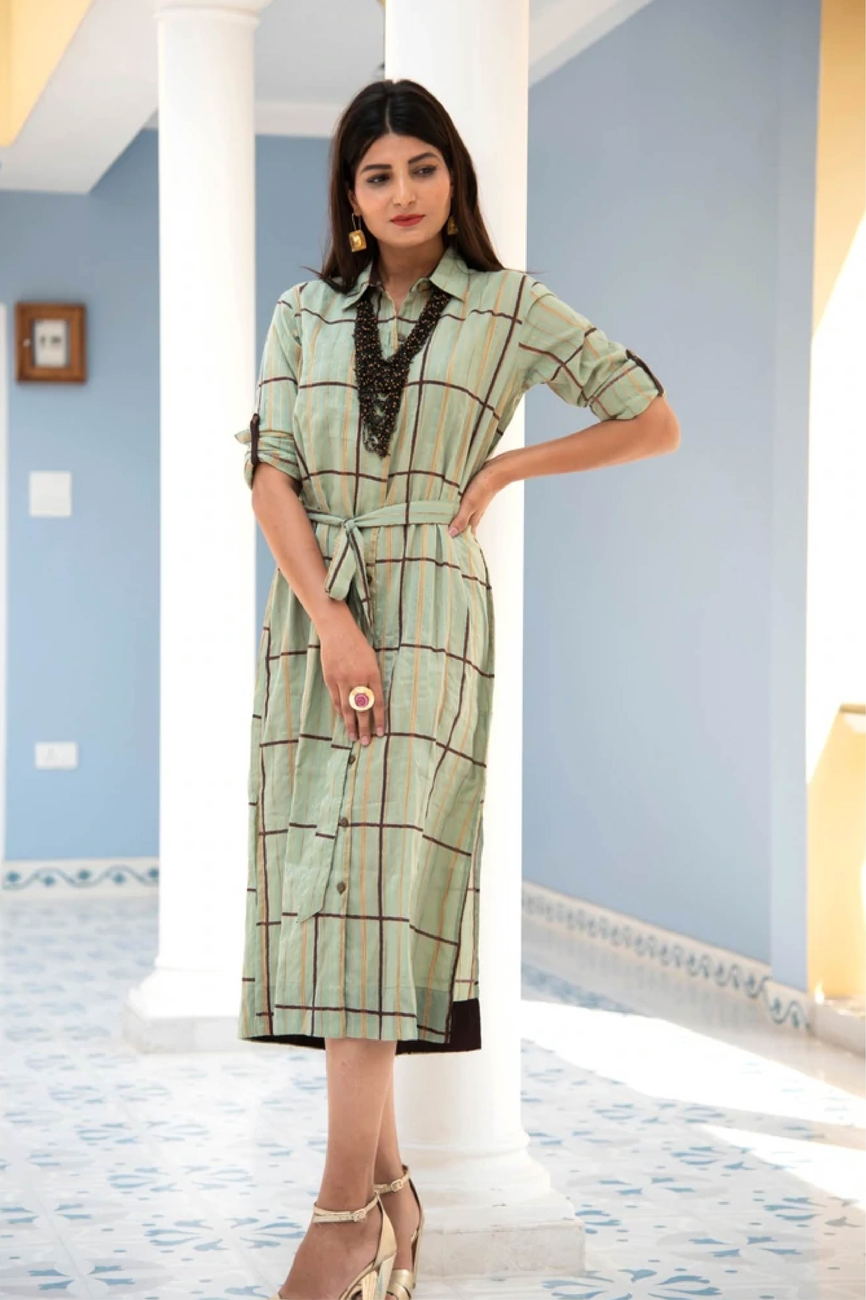 Women Ghicha Check Golden Brown Dress