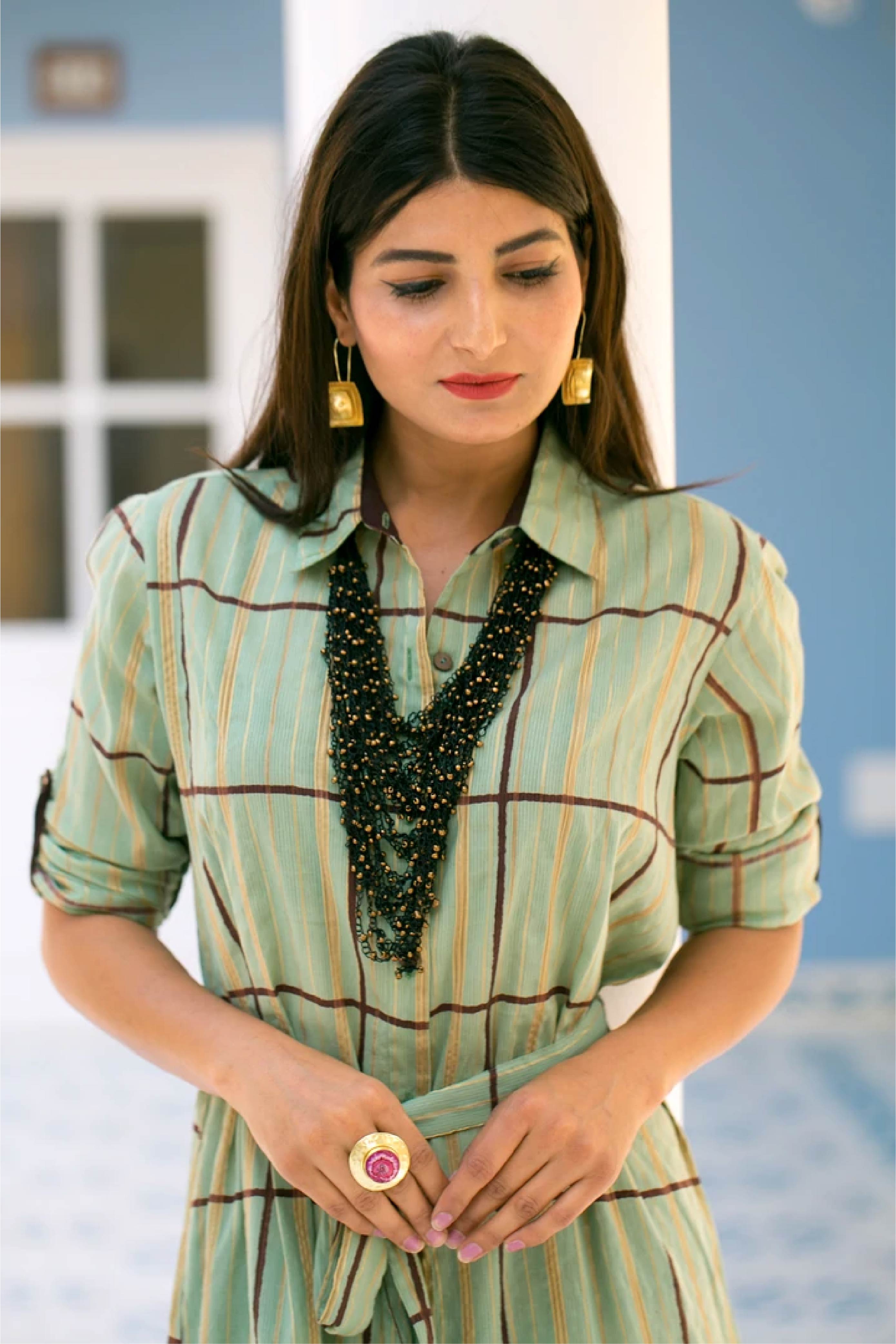 Women Ghicha Check Golden Brown Dress