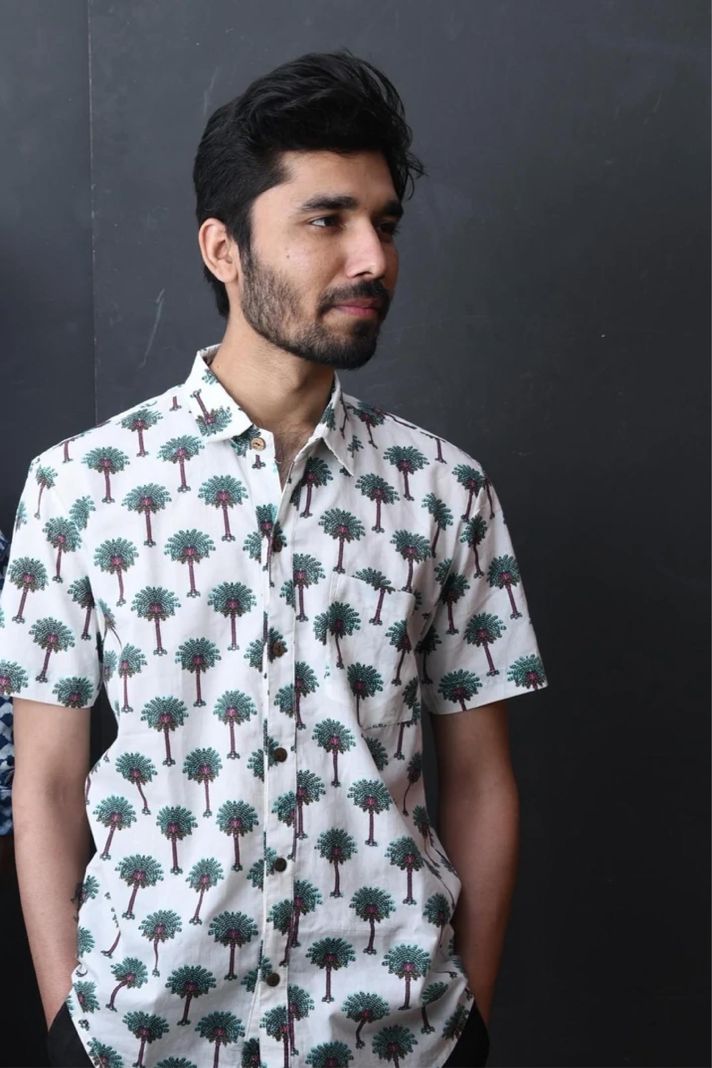 Shirt Half Sleeve Mens Green Palm