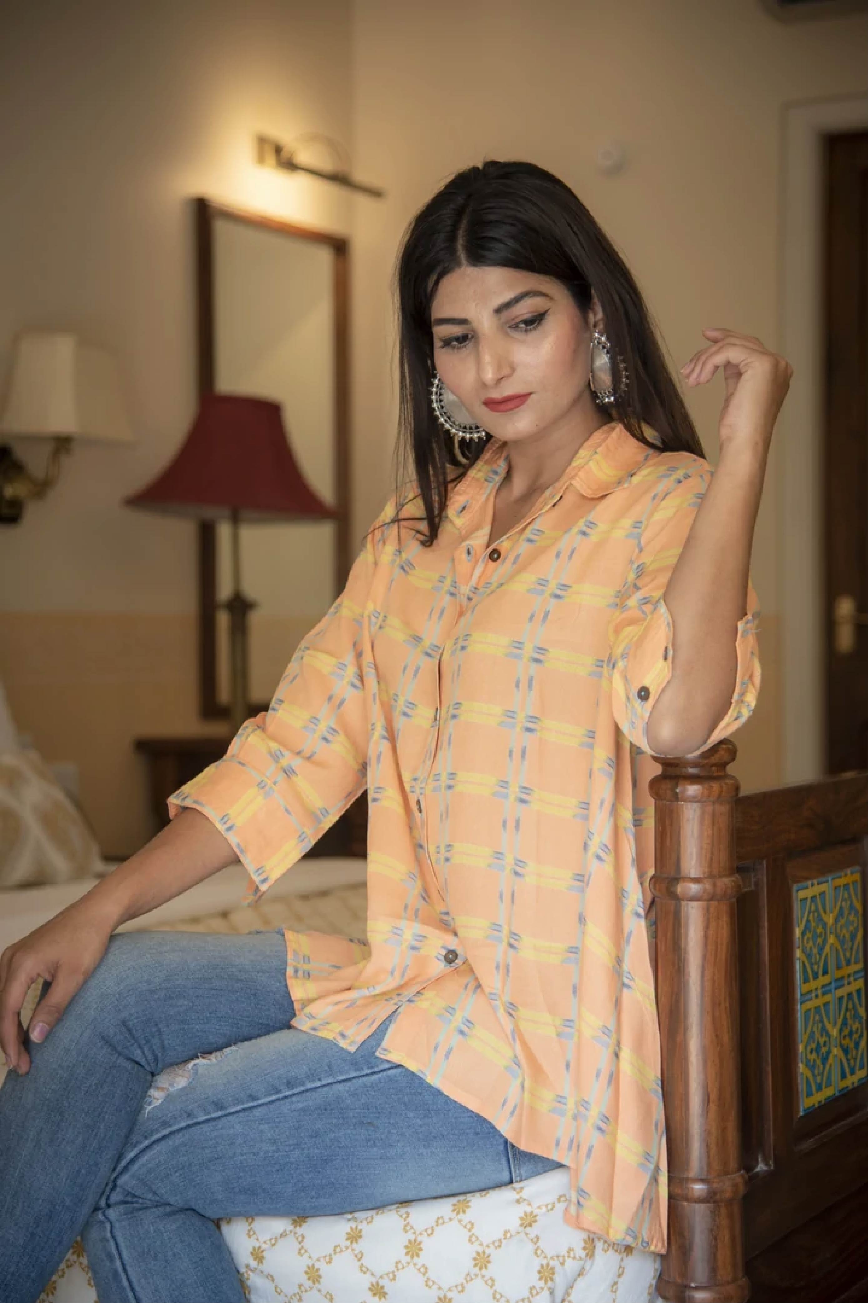 Women Peach Cross Flare Shirt