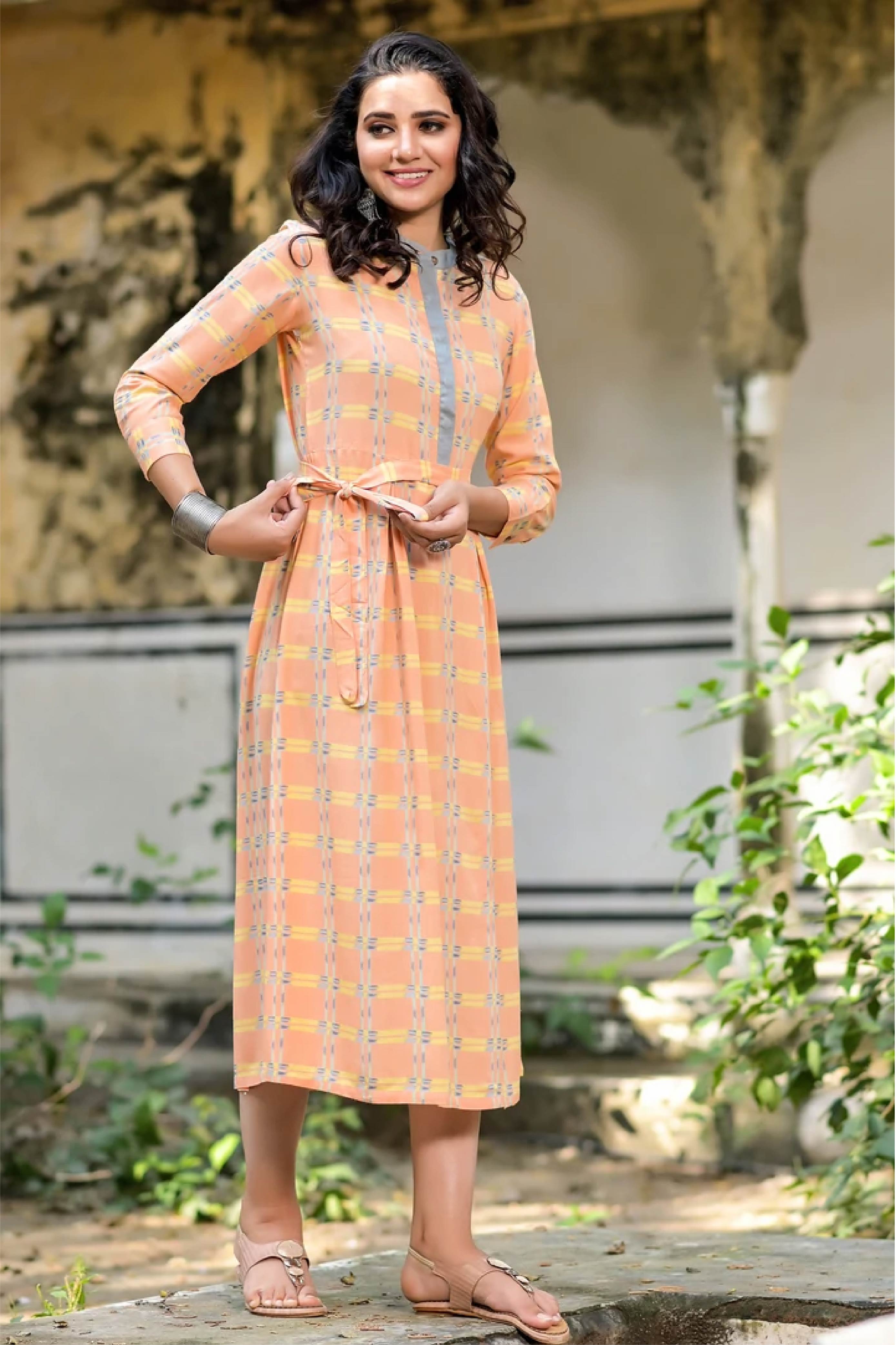 Women Dress Yellow Checks