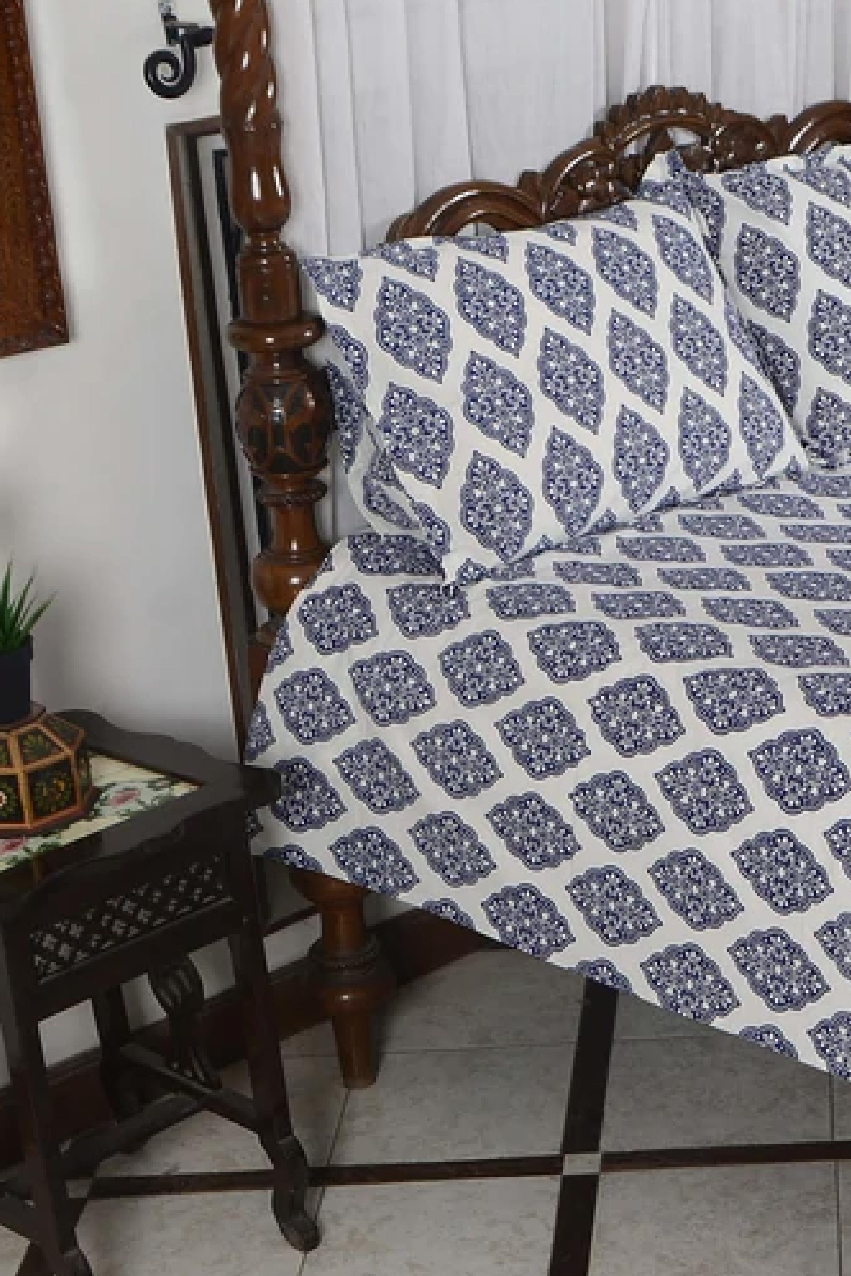 Blue Block Leaf - Bed Sheet