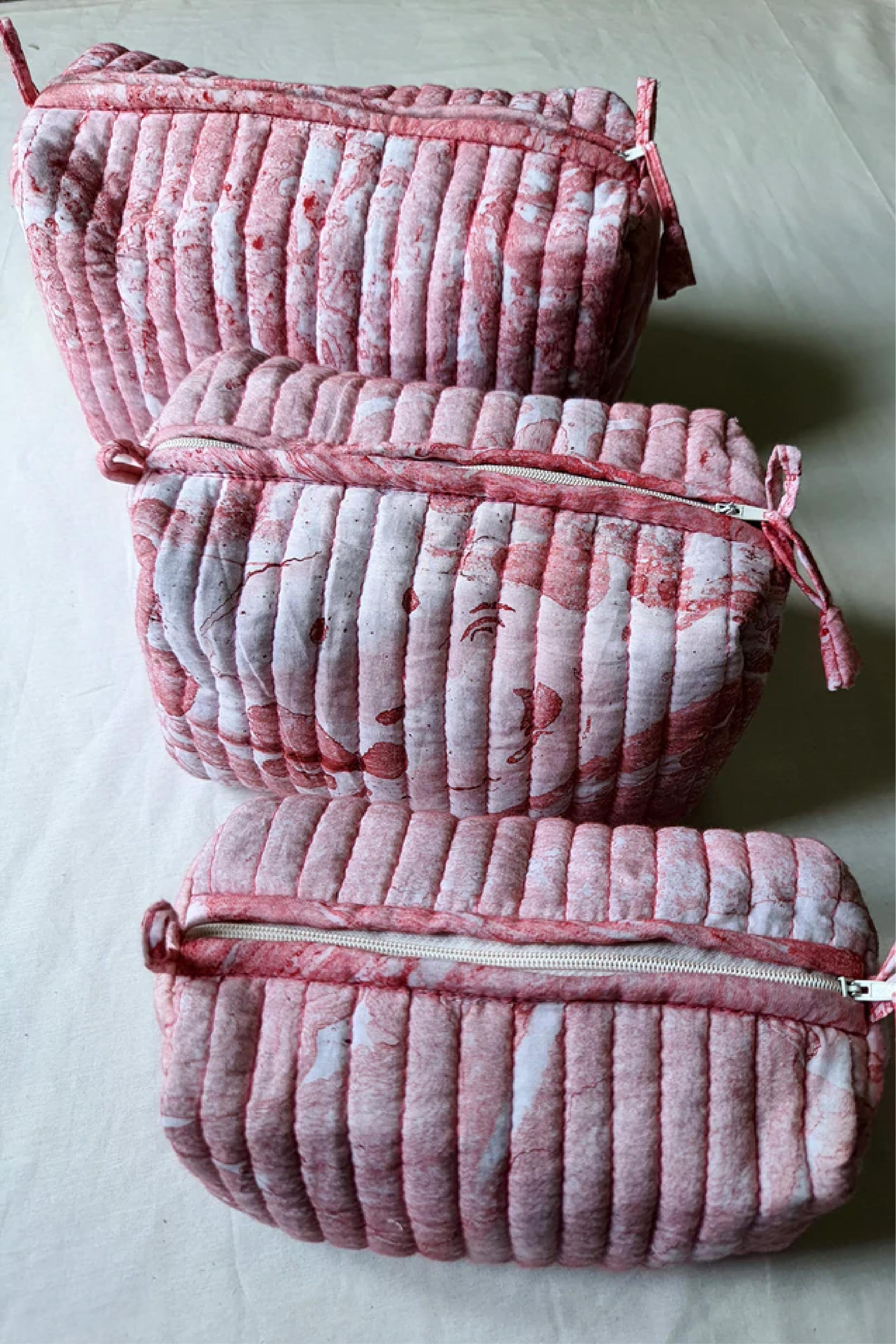 Pink Marble-Quilted Pouch Set S/3