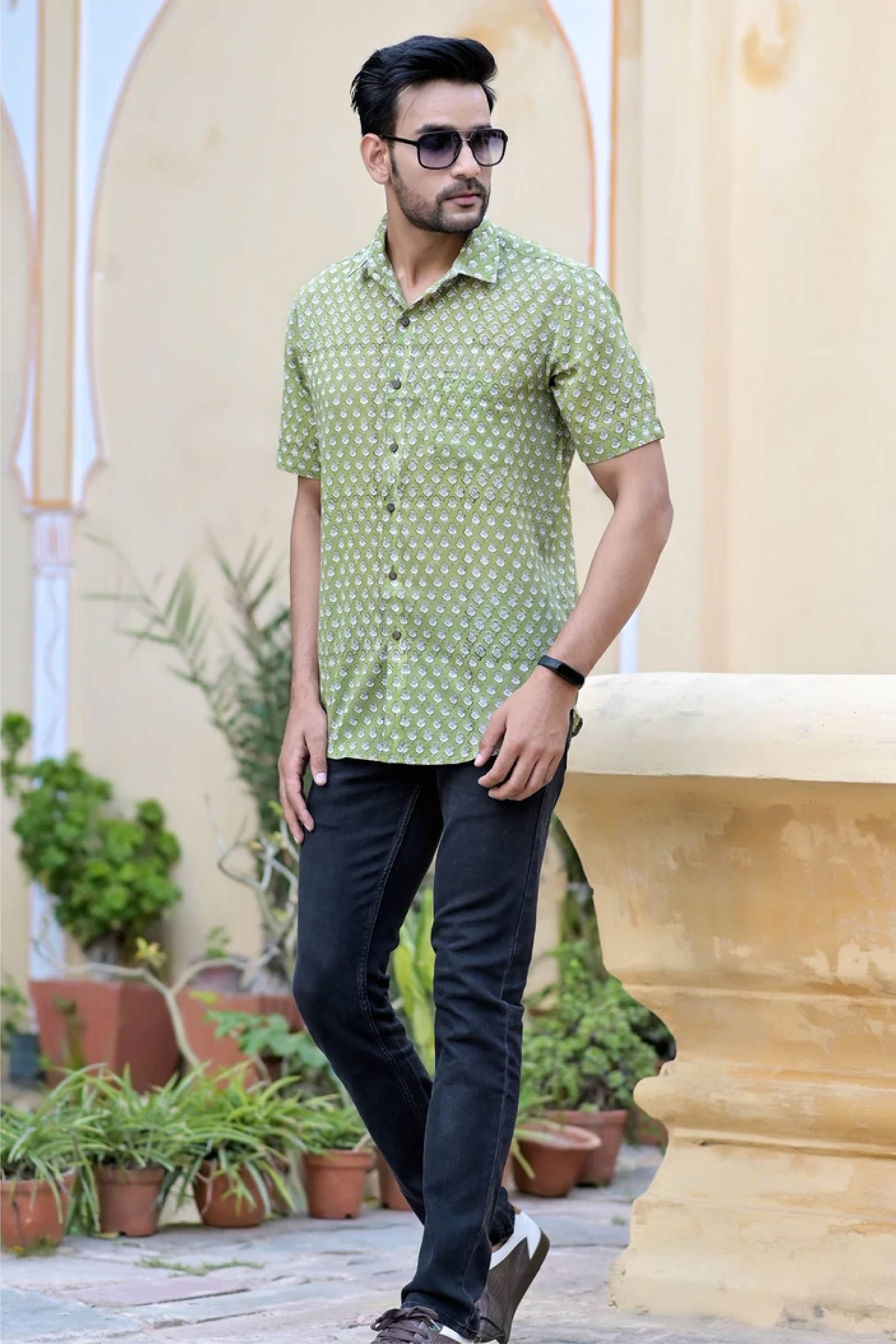 Men Half Sleeve Shirt Green Booti