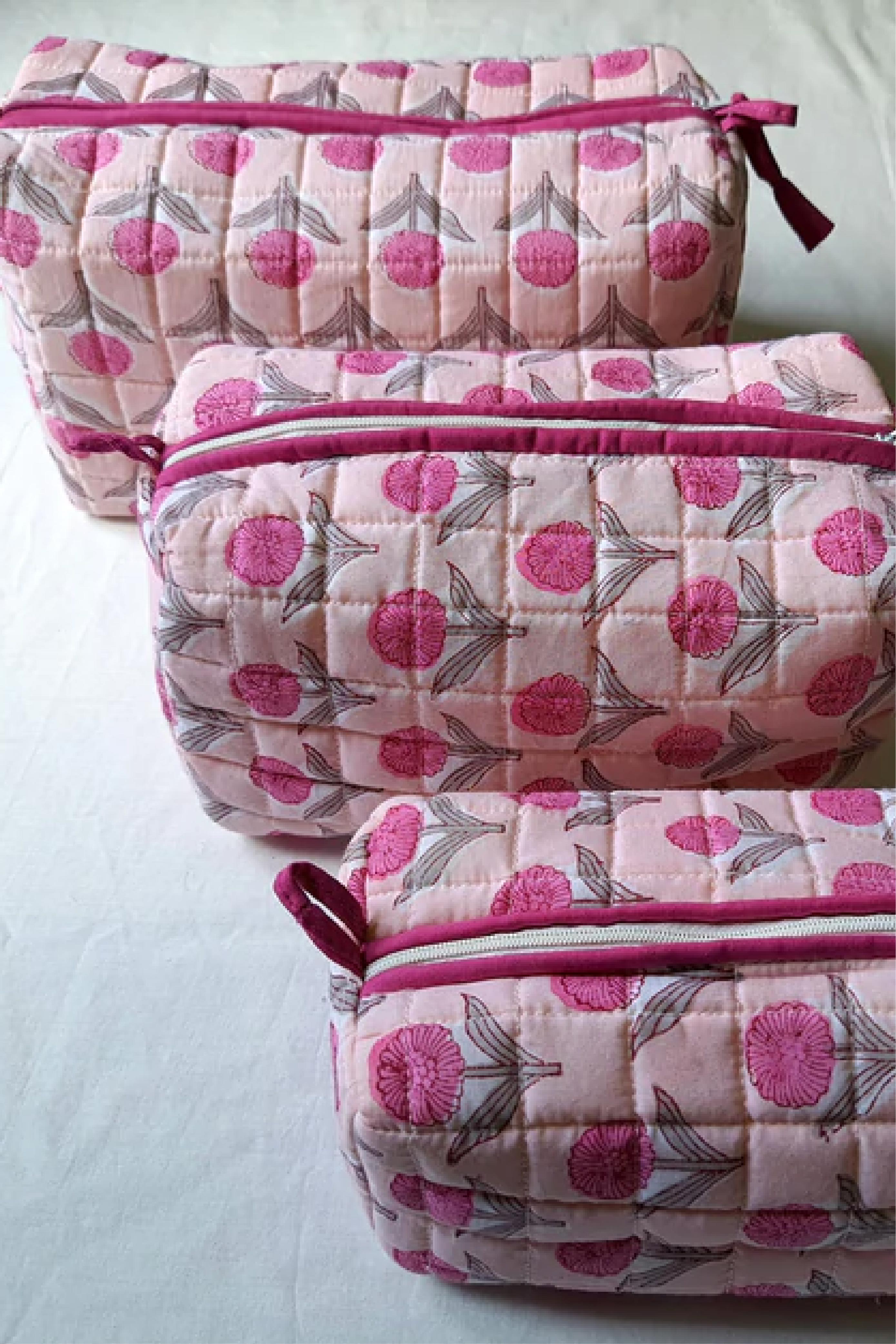 Pink Motif-Quilted Pouch Set S/3