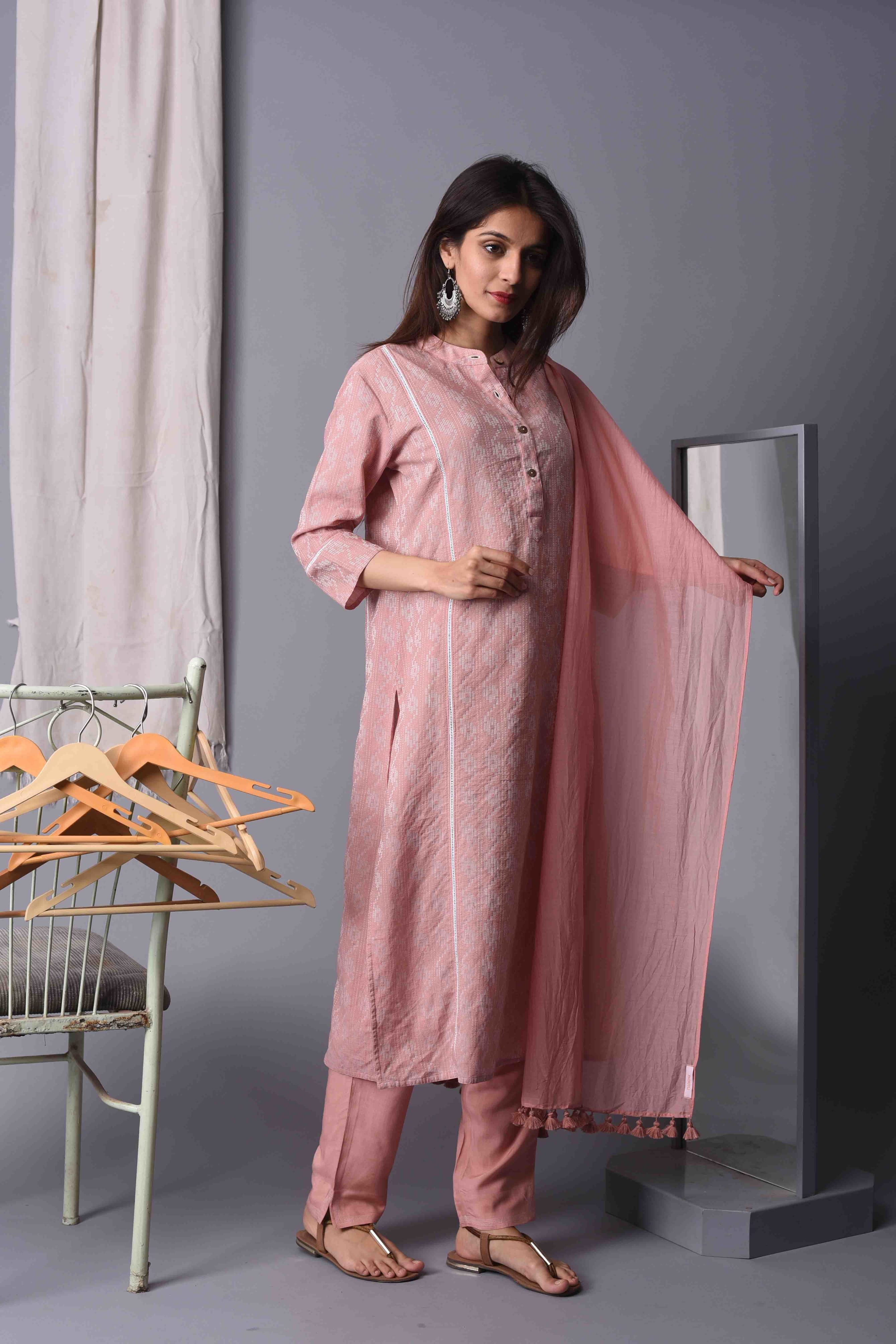 Onion Pink Kantha Kurta With Pant & Dupatta