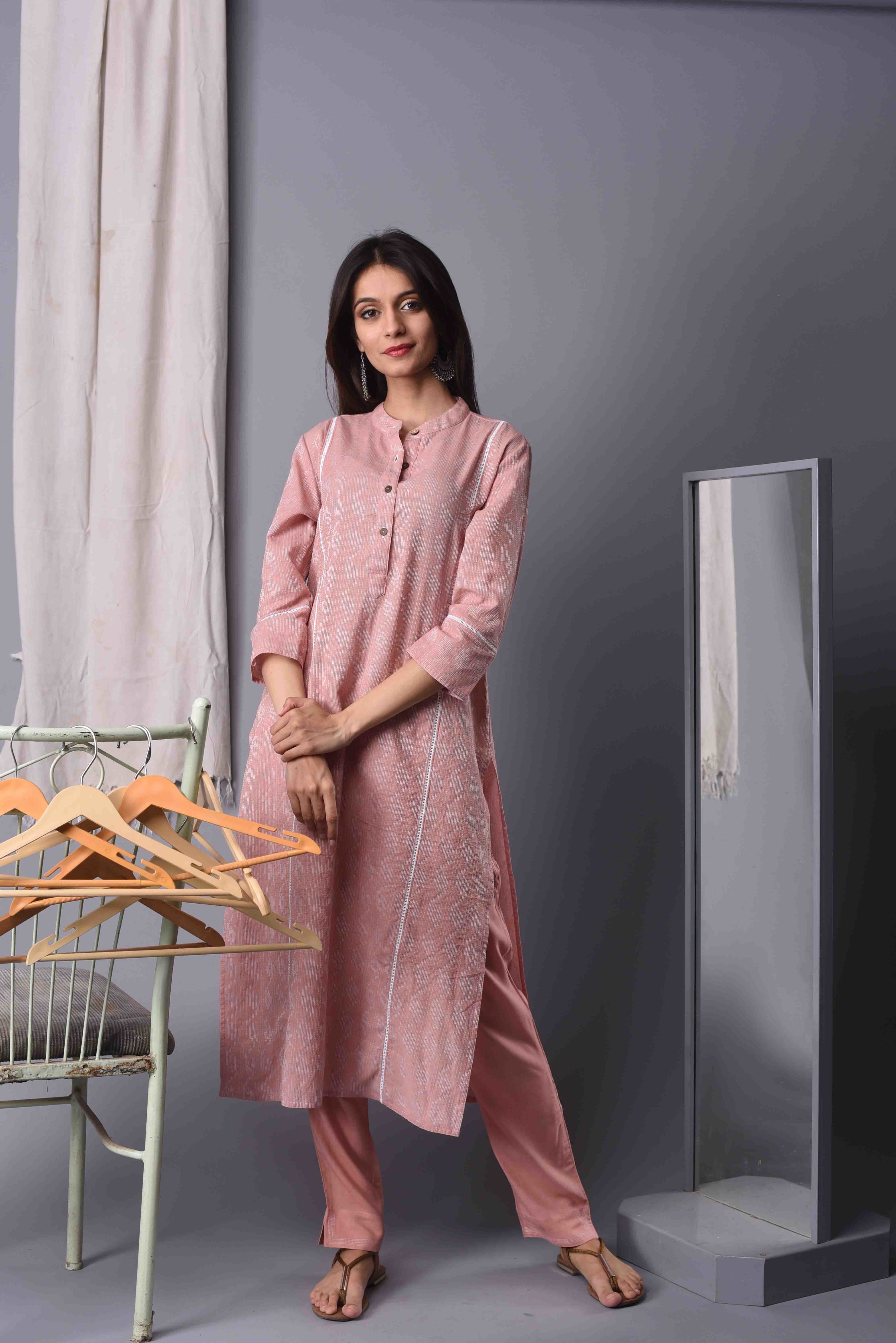 Onion Pink Kantha Kurta With Pant & Dupatta