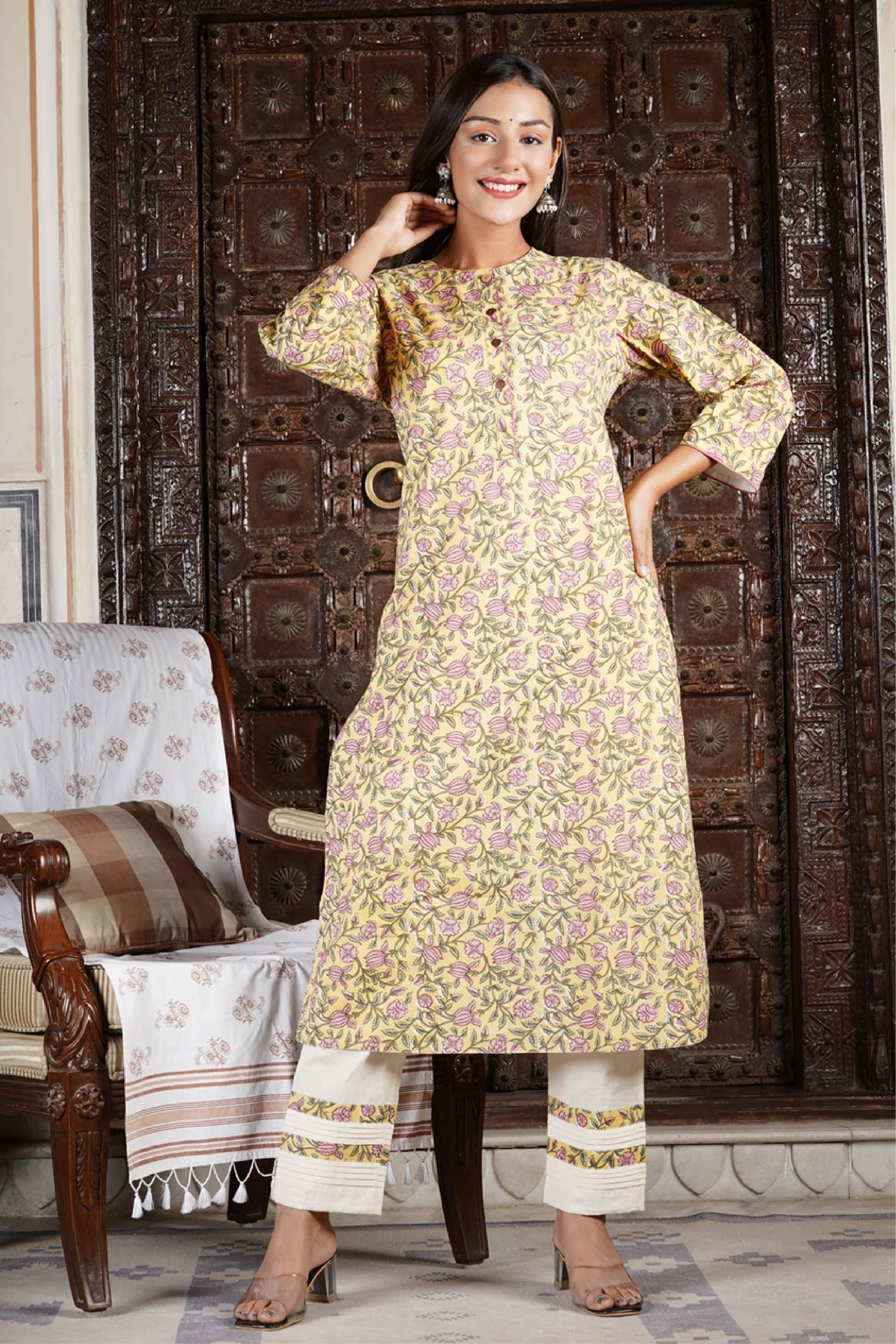 Kurta Set Women Set of 2 "Sunshine" Yellow Floral