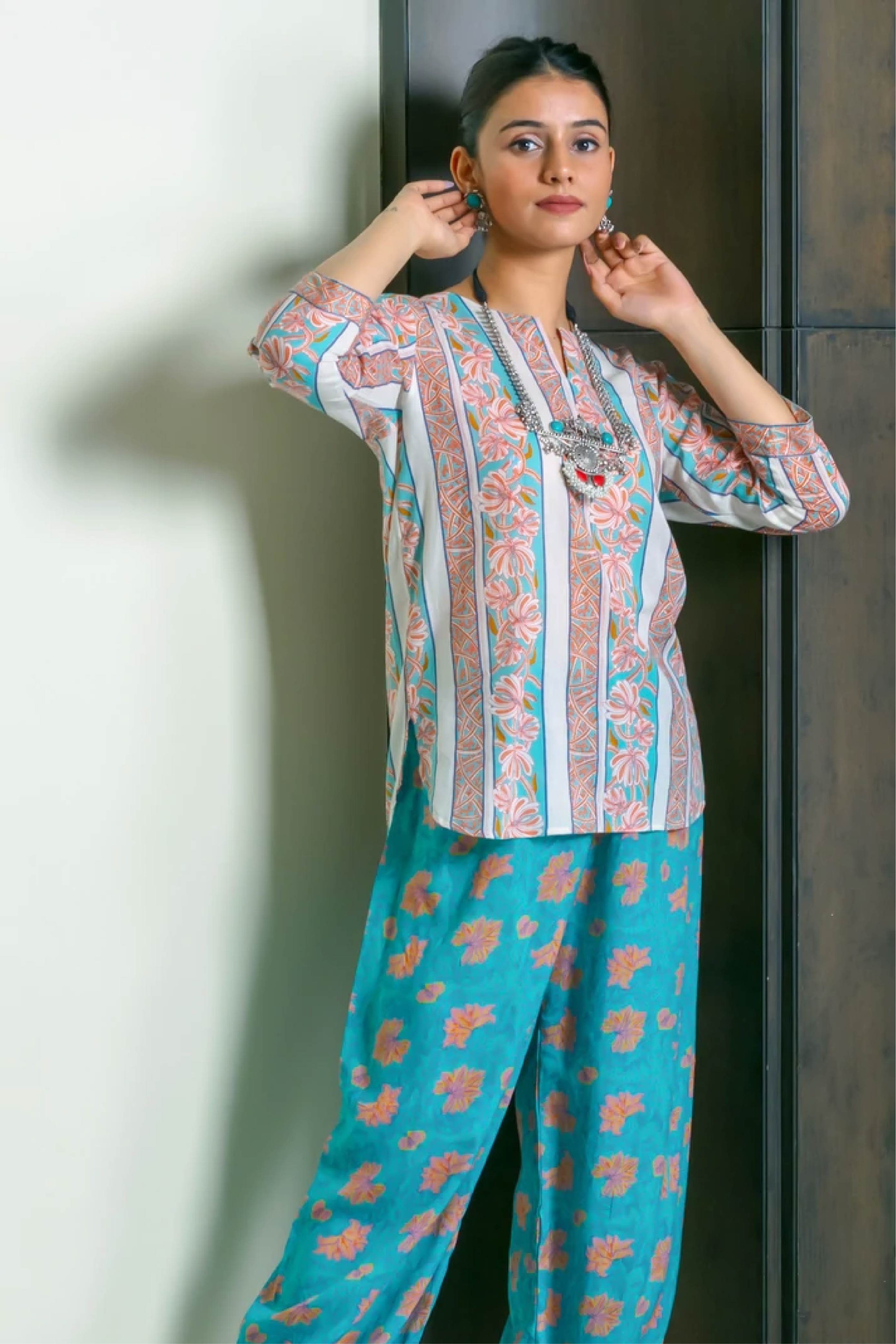 PJ Set Women Set of 2 Aqua Lily