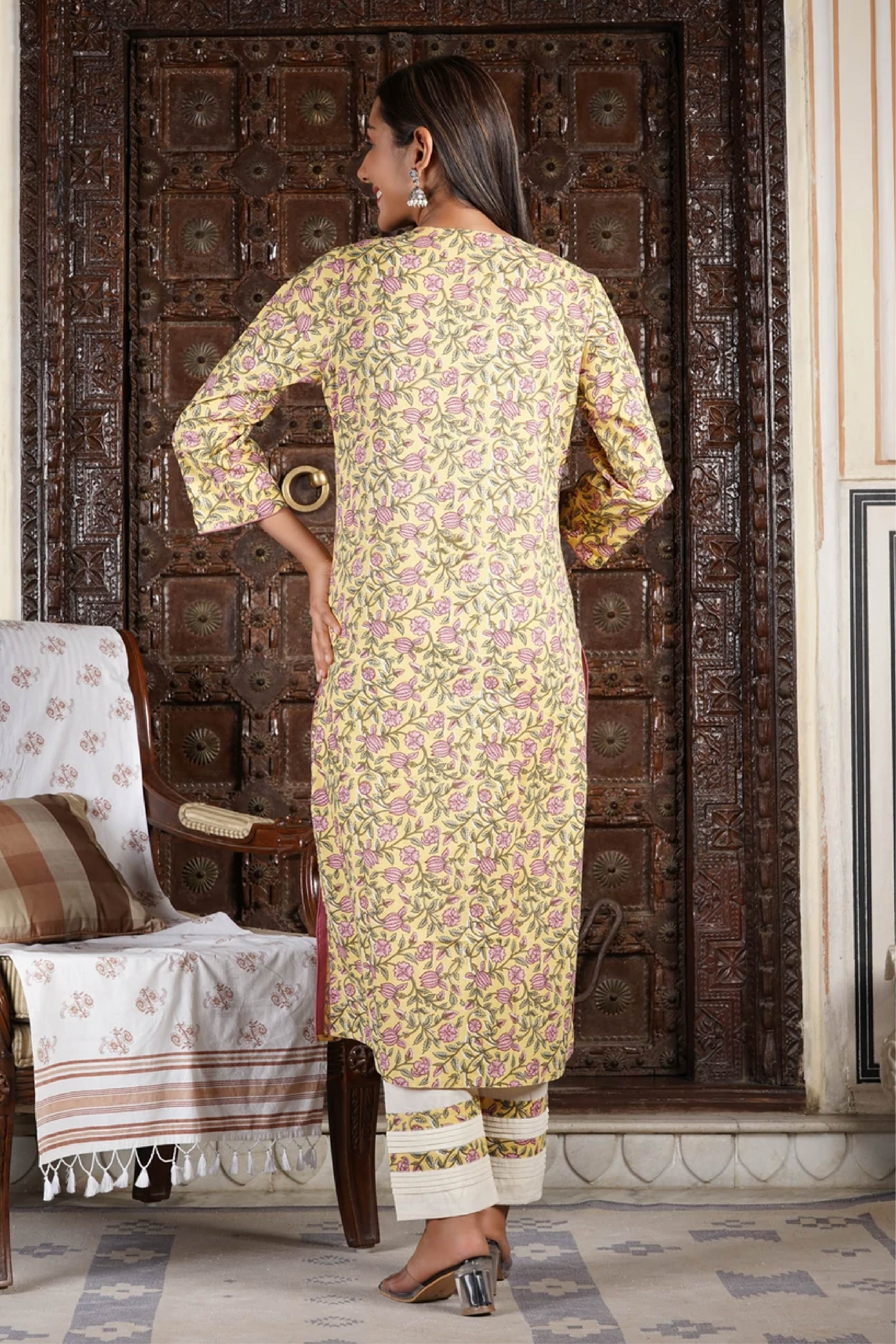 Kurta Set Women Set of 2 "Sunshine" Yellow Floral
